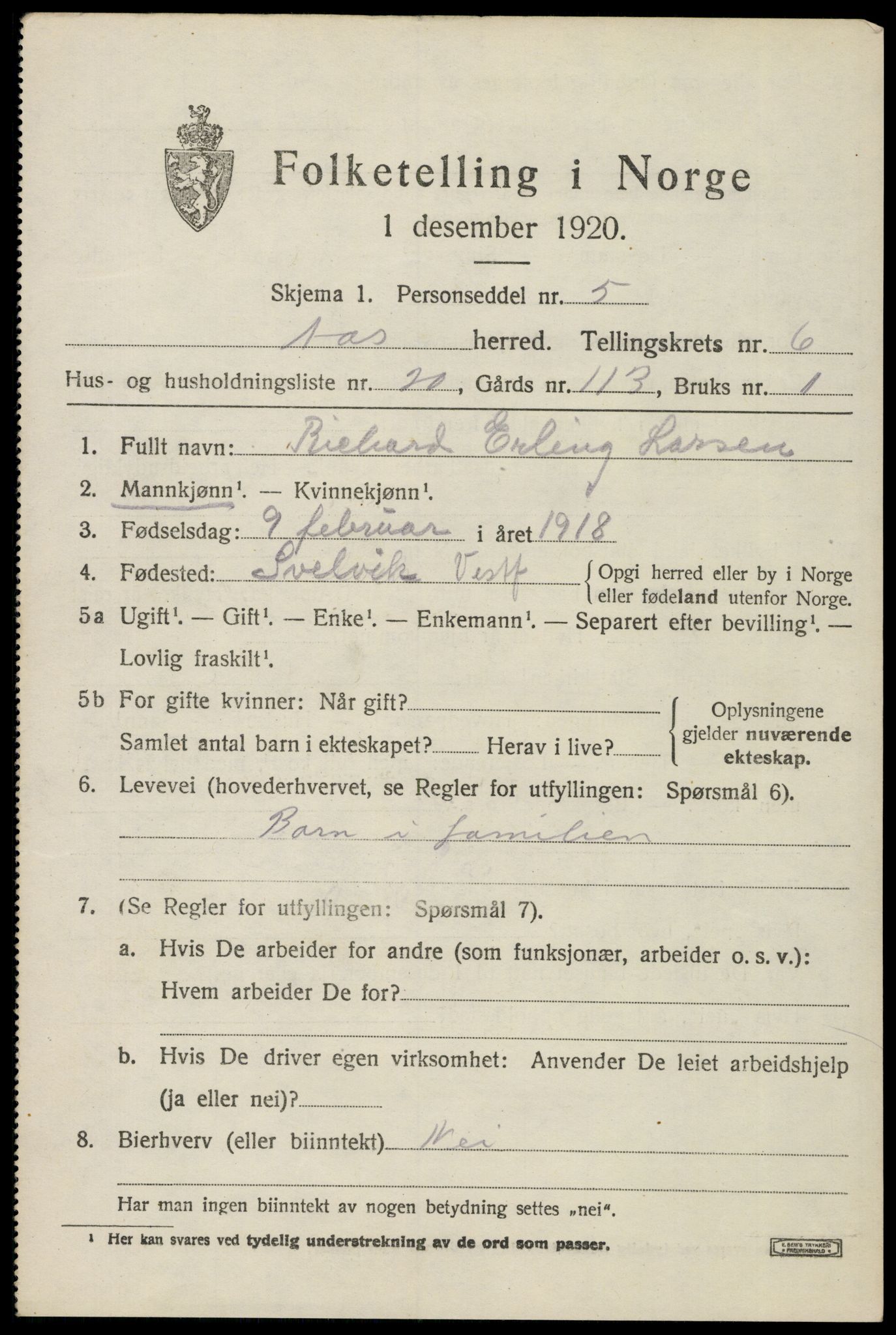 SAO, 1920 census for Ås, 1920, p. 7056