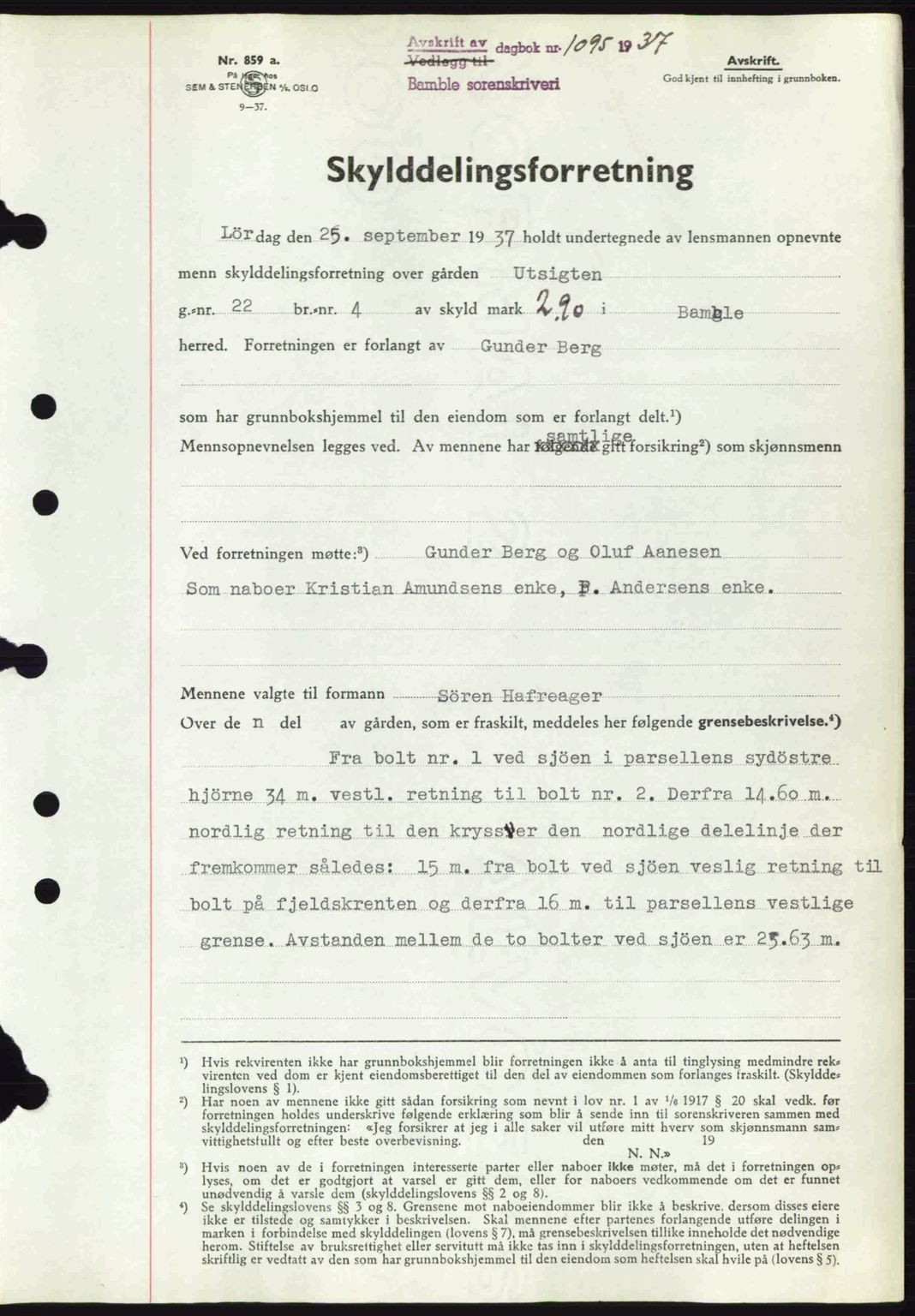 Bamble sorenskriveri, AV/SAKO-A-214/G/Ga/Gag/L0002: Mortgage book no. A-2, 1937-1938, Diary no: : 1095/1937