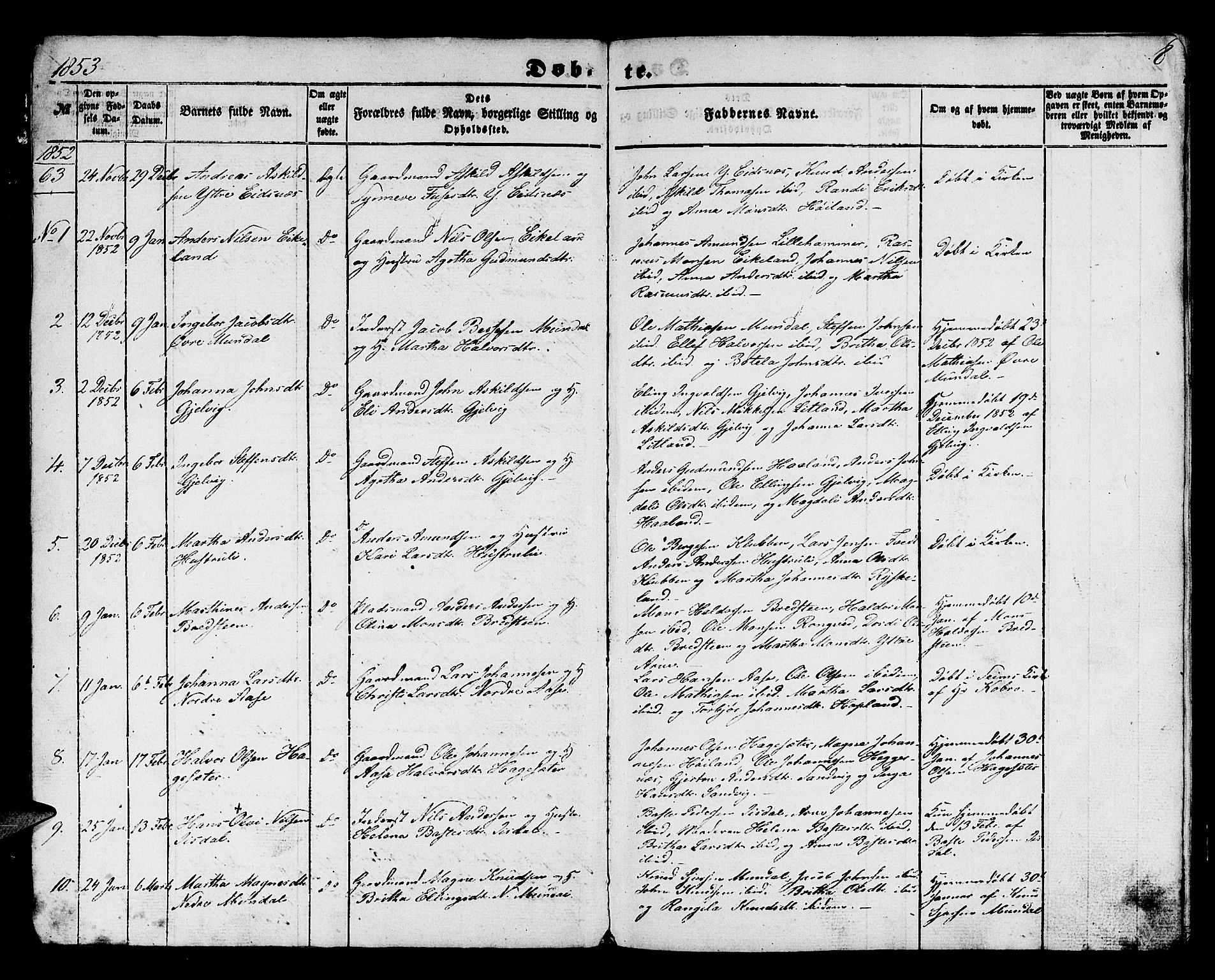 Hamre sokneprestembete, SAB/A-75501/H/Ha/Hab: Parish register (copy) no. B 1, 1852-1863, p. 8