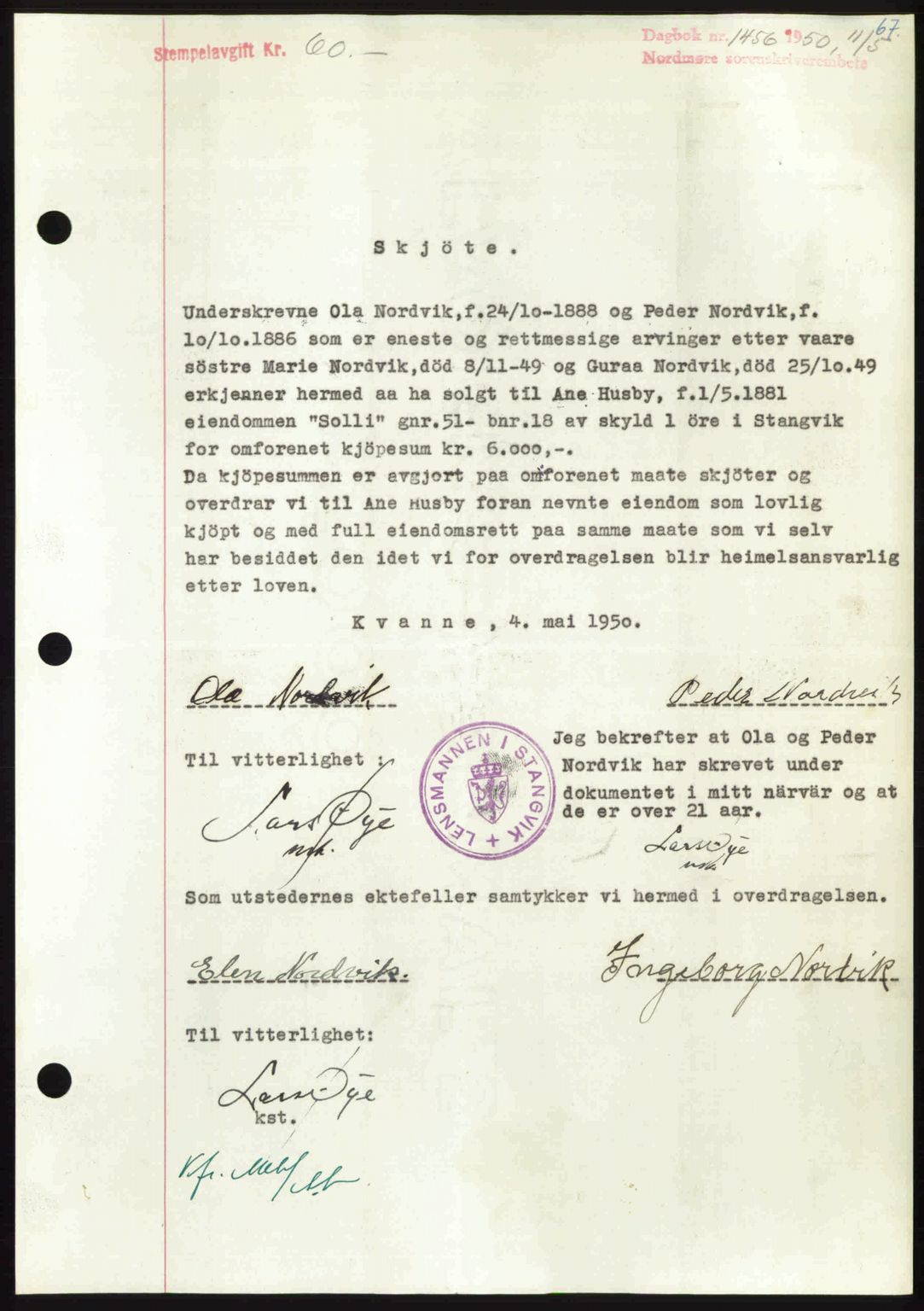 Nordmøre sorenskriveri, AV/SAT-A-4132/1/2/2Ca: Mortgage book no. A115, 1950-1950, Diary no: : 1456/1950