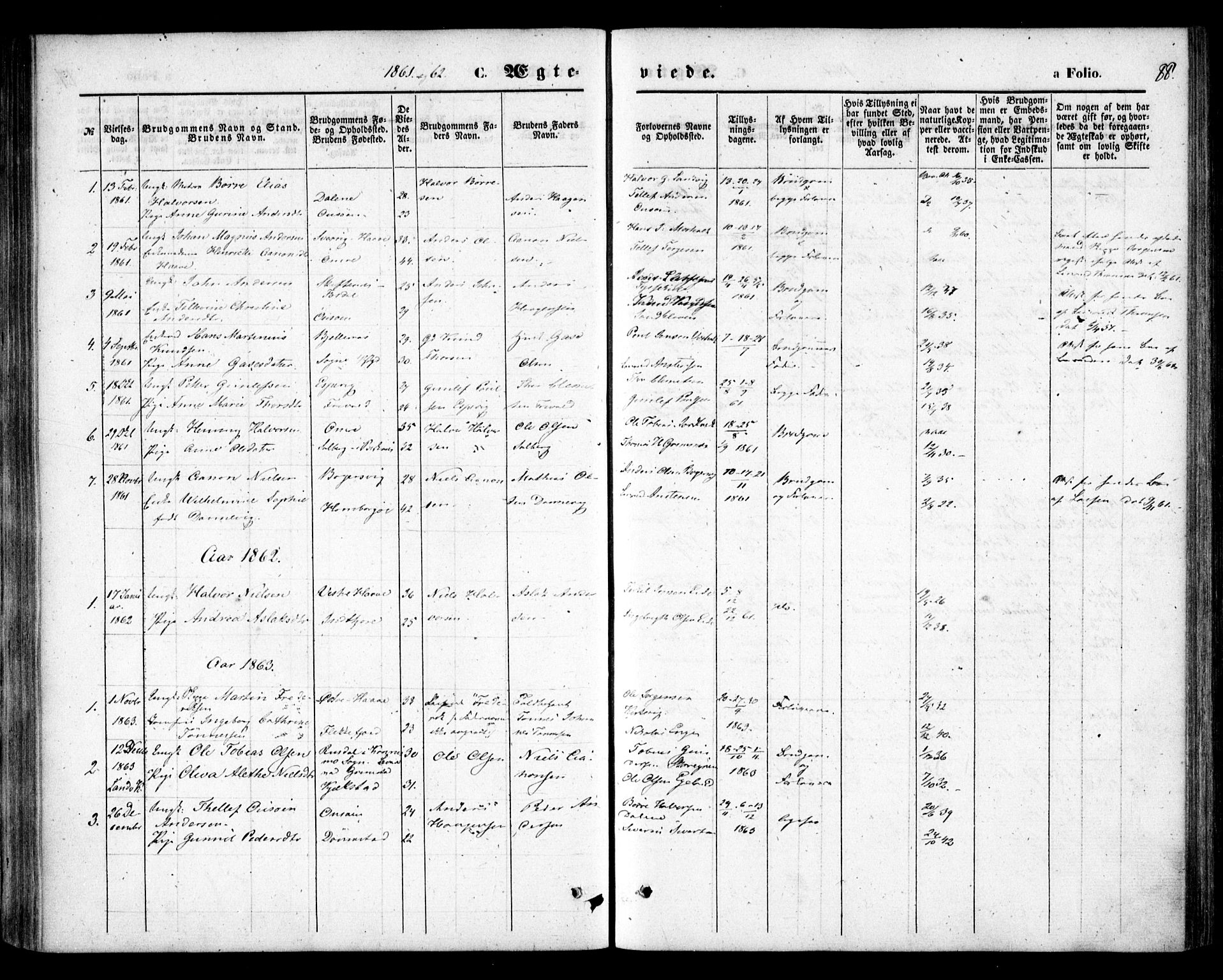 Hommedal sokneprestkontor, SAK/1111-0023/F/Fa/Faa/L0002: Parish register (official) no. A 2, 1861-1884, p. 88