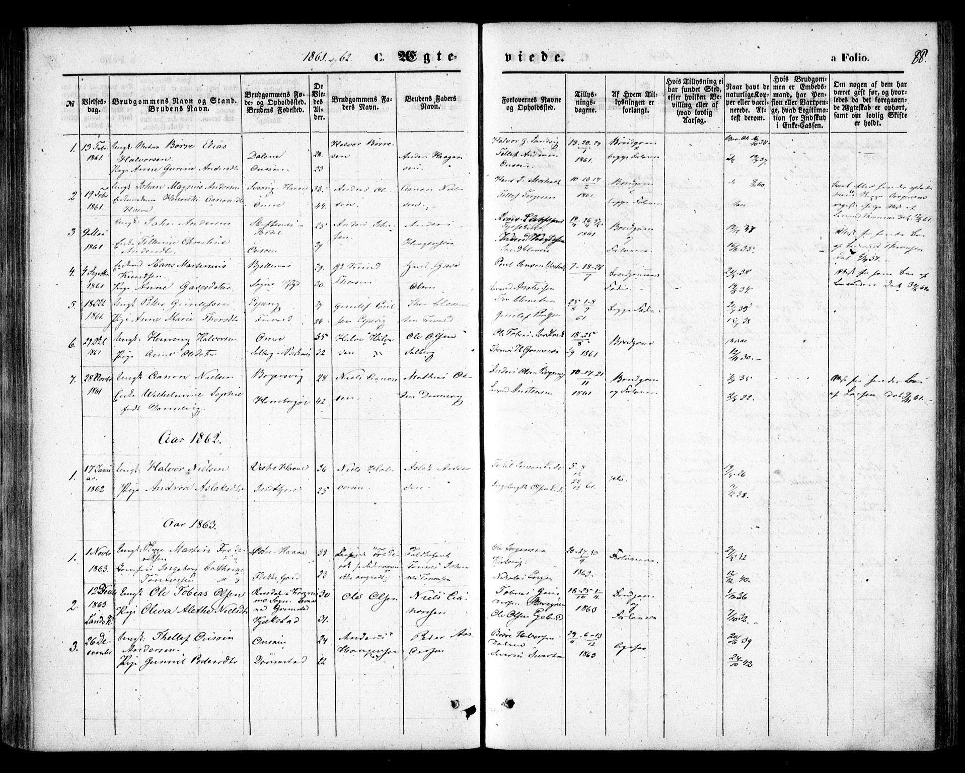 Hommedal sokneprestkontor, AV/SAK-1111-0023/F/Fa/Faa/L0002: Parish register (official) no. A 2, 1861-1884, p. 88