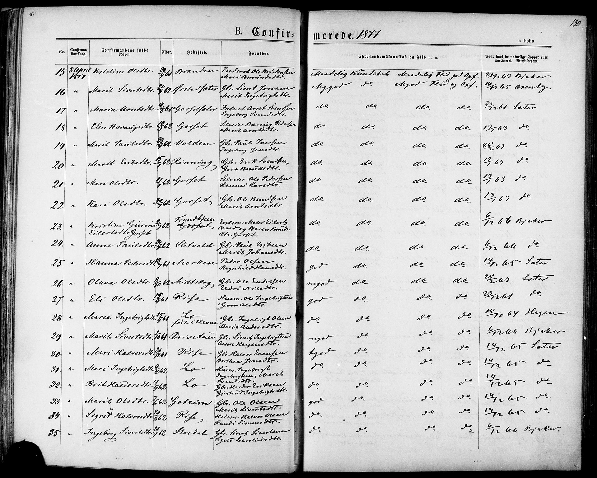 Ministerialprotokoller, klokkerbøker og fødselsregistre - Sør-Trøndelag, AV/SAT-A-1456/678/L0900: Parish register (official) no. 678A09, 1872-1881, p. 130