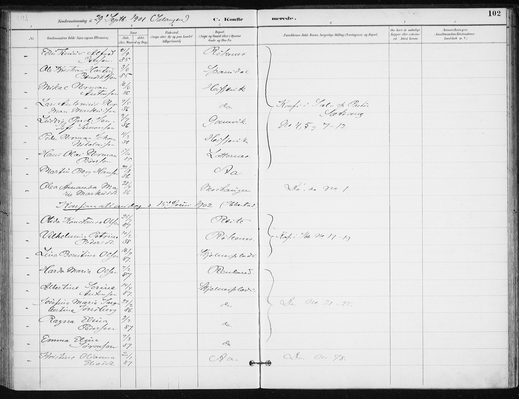 Salangen sokneprestembete, SATØ/S-1324/H/Ha/L0001kirke: Parish register (official) no. 1, 1893-1911, p. 102