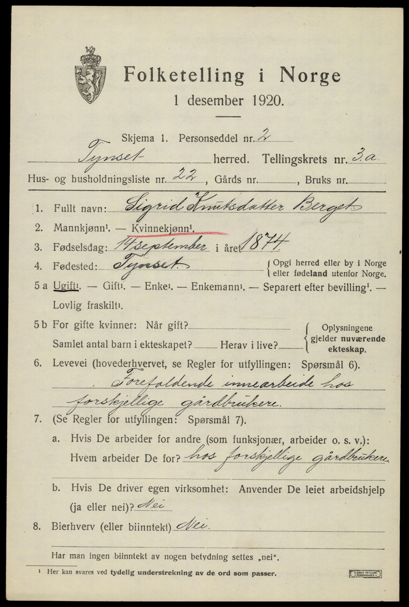 SAH, 1920 census for Tynset, 1920, p. 3136