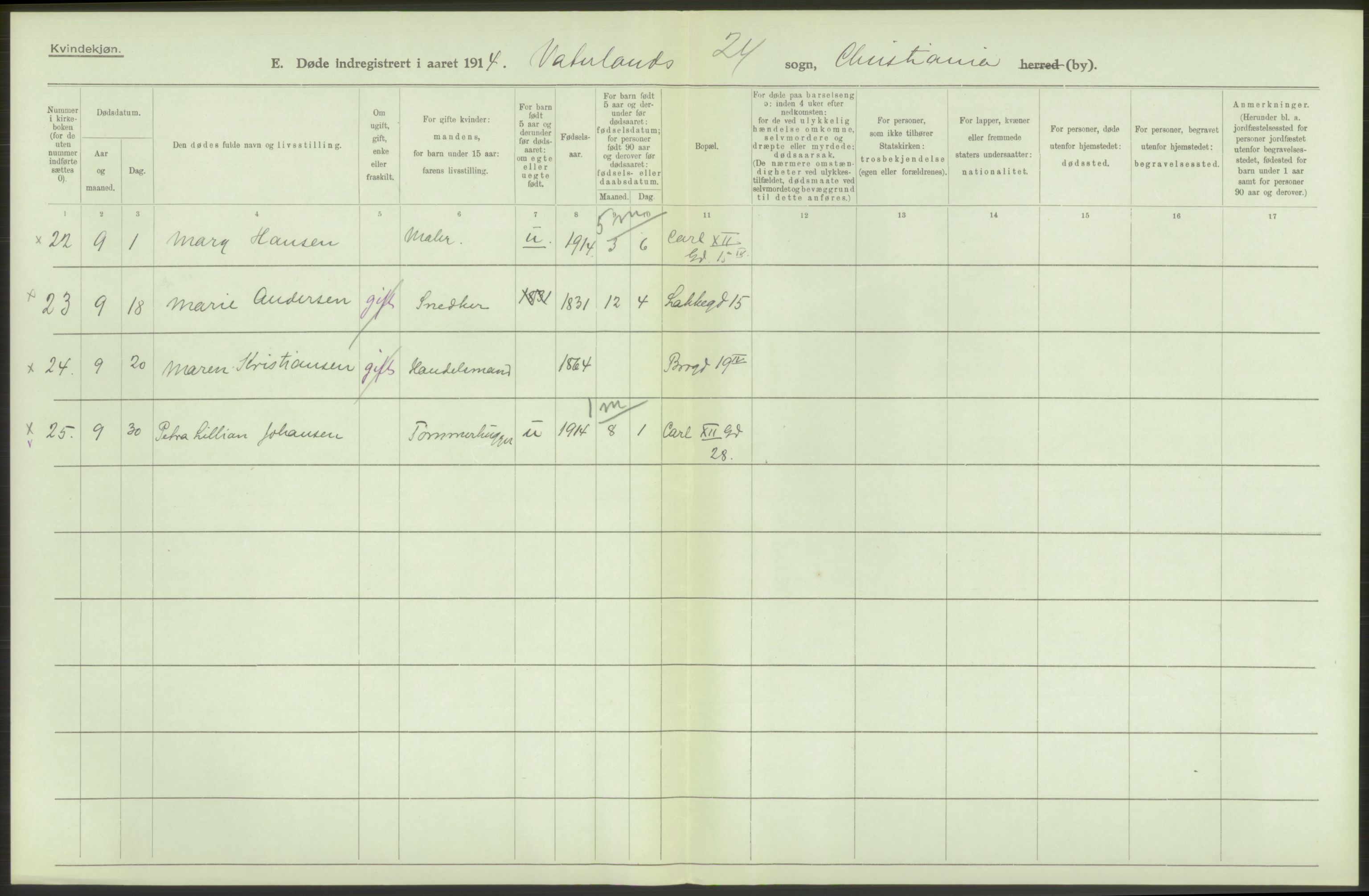 Statistisk sentralbyrå, Sosiodemografiske emner, Befolkning, AV/RA-S-2228/D/Df/Dfb/Dfbd/L0008: Kristiania: Døde, 1914, p. 230