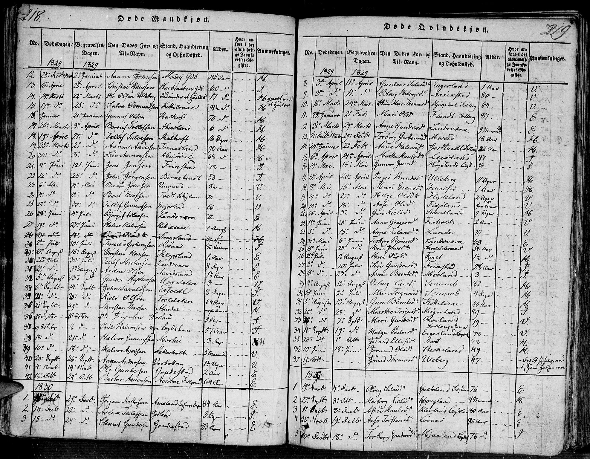 Evje sokneprestkontor, SAK/1111-0008/F/Fa/Faa/L0004: Parish register (official) no. A 4, 1816-1840, p. 218-219
