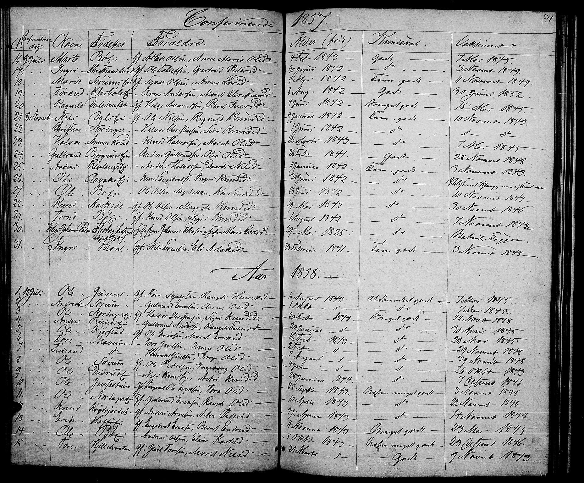 Nord-Aurdal prestekontor, SAH/PREST-132/H/Ha/Hab/L0002: Parish register (copy) no. 2, 1842-1877, p. 141