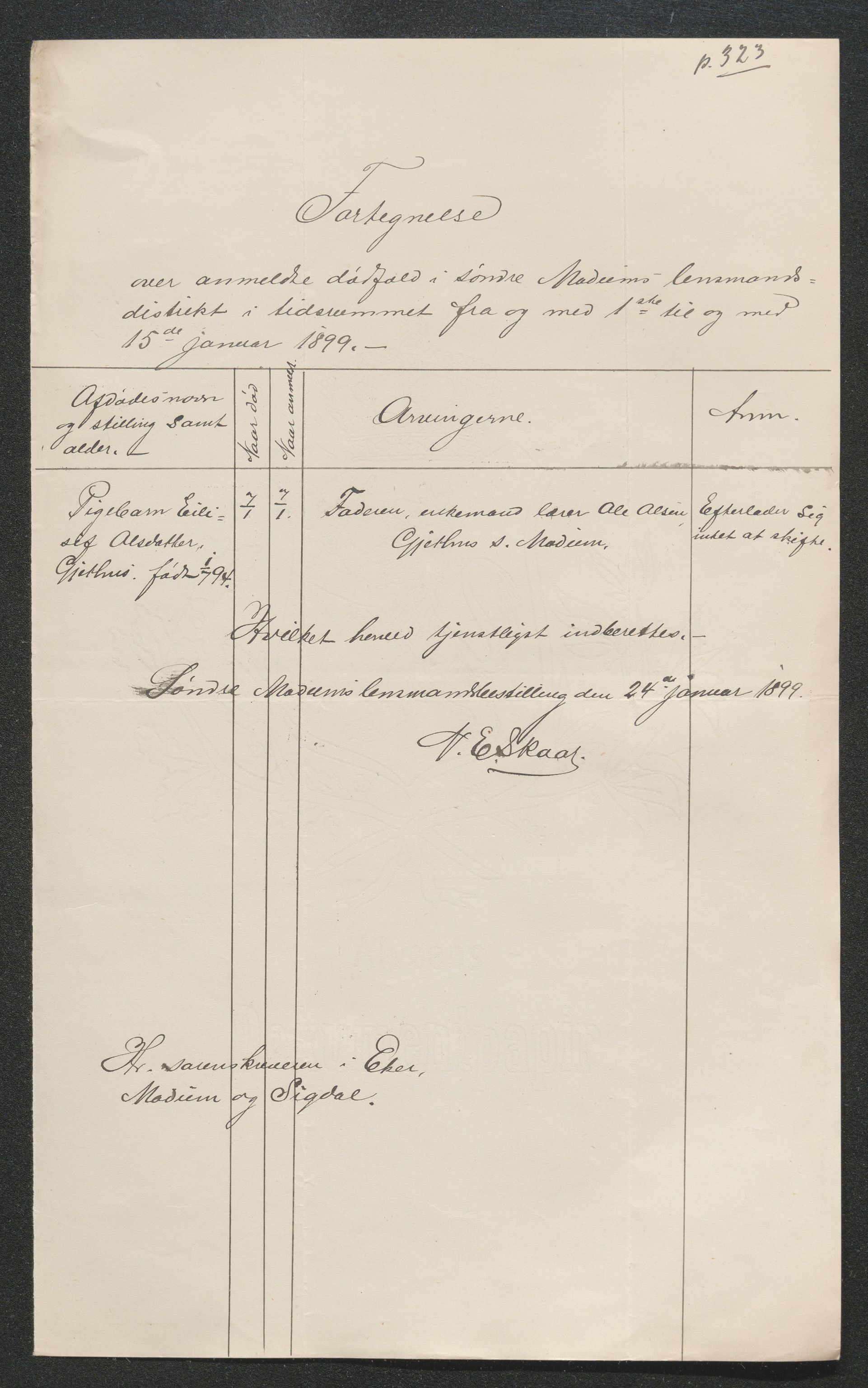 Eiker, Modum og Sigdal sorenskriveri, AV/SAKO-A-123/H/Ha/Hab/L0026: Dødsfallsmeldinger, 1899, p. 255