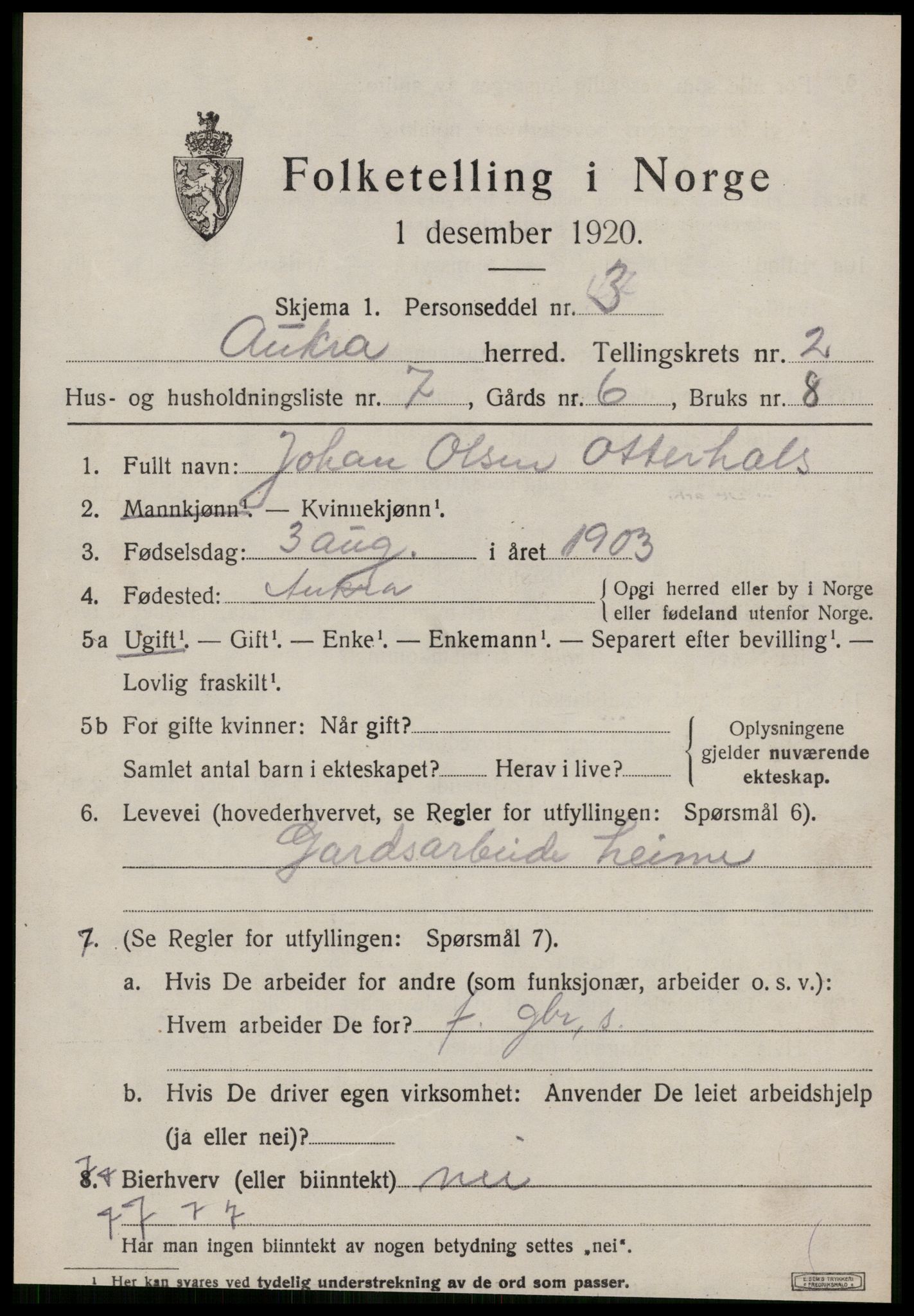 SAT, 1920 census for Aukra, 1920, p. 1707