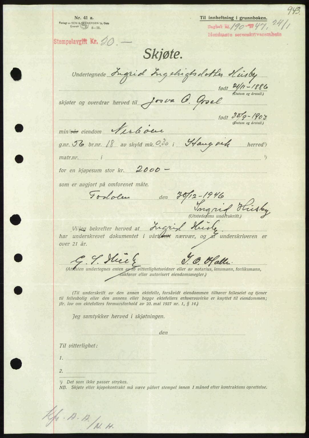 Nordmøre sorenskriveri, AV/SAT-A-4132/1/2/2Ca: Mortgage book no. A103, 1946-1947, Diary no: : 190/1947