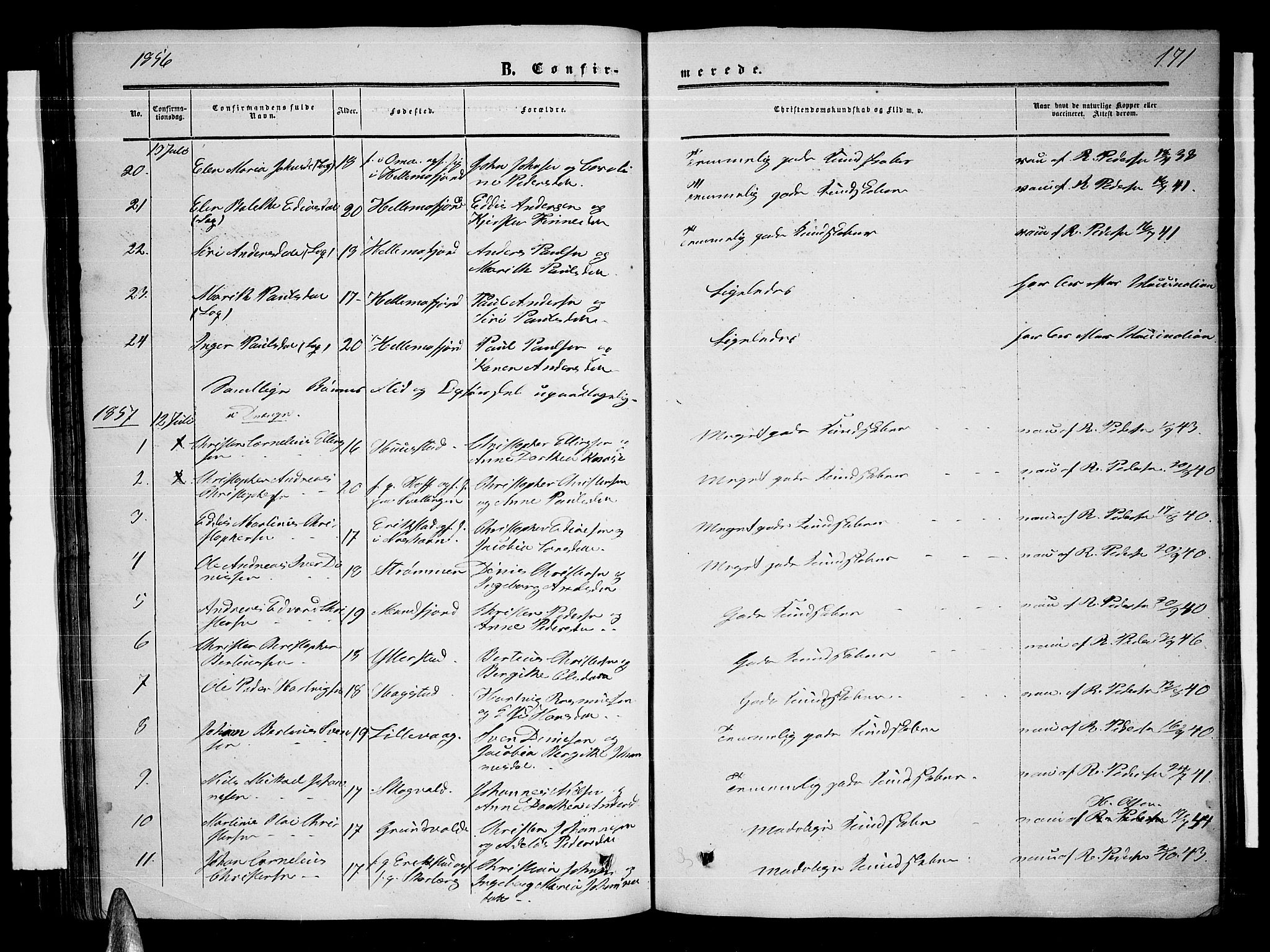 Ministerialprotokoller, klokkerbøker og fødselsregistre - Nordland, AV/SAT-A-1459/872/L1046: Parish register (copy) no. 872C02, 1852-1879, p. 171