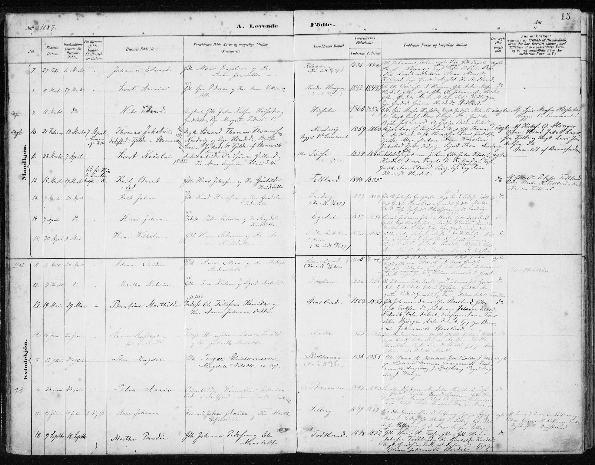 Samnanger Sokneprestembete, SAB/A-77501/H/Haa: Parish register (official) no. A 1, 1885-1901, p. 15
