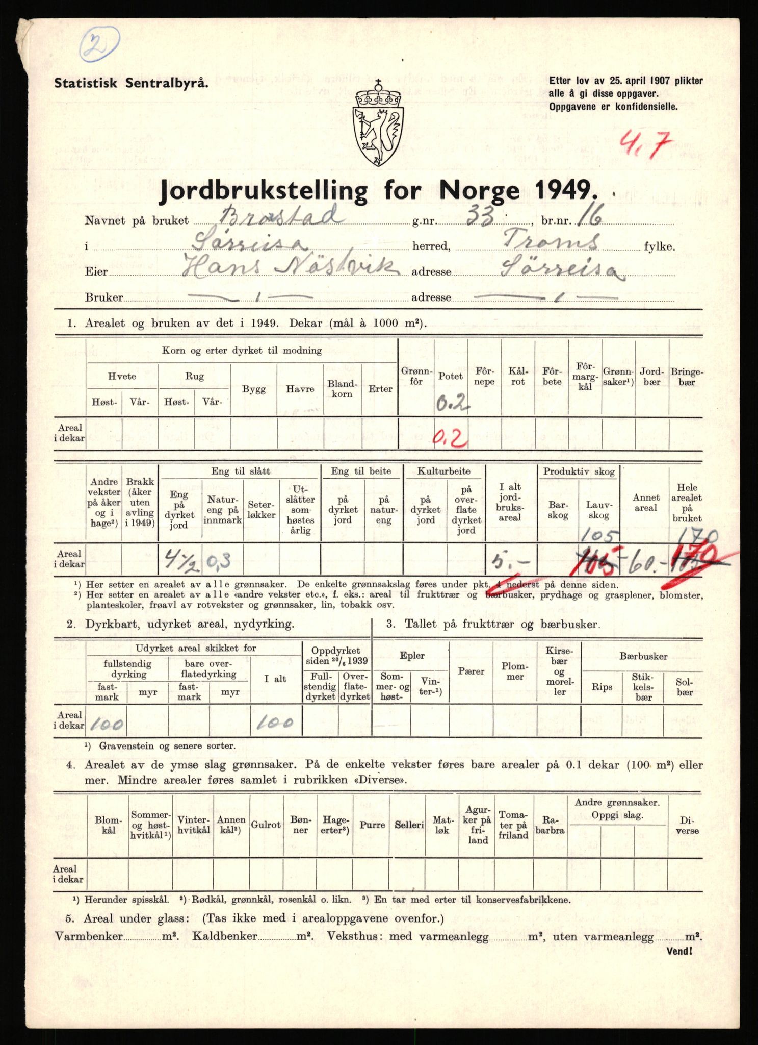 Statistisk sentralbyrå, Næringsøkonomiske emner, Jordbruk, skogbruk, jakt, fiske og fangst, AV/RA-S-2234/G/Gc/L0440: Troms: Sørreisa og Dyrøy, 1949, p. 33