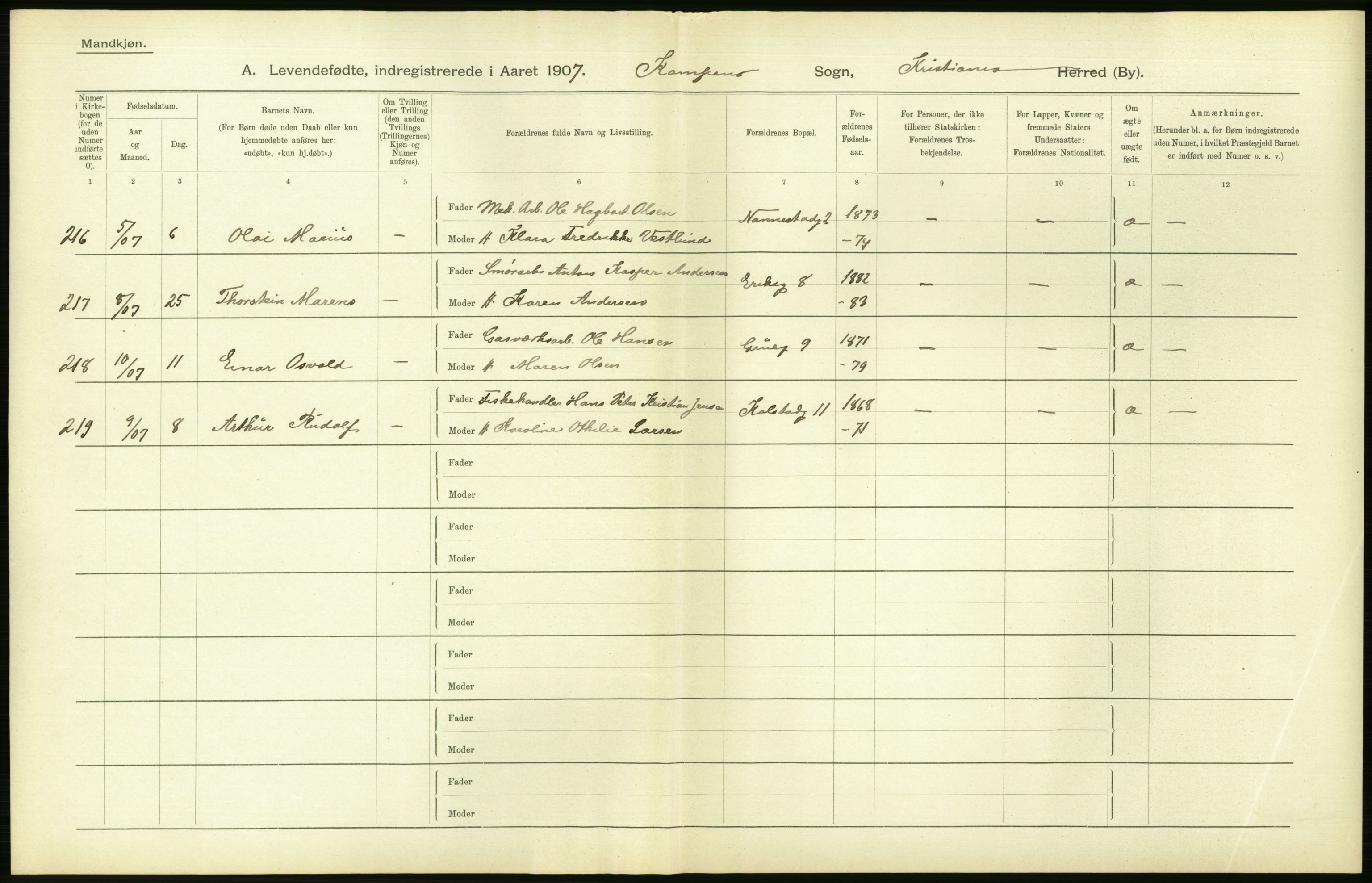 Statistisk sentralbyrå, Sosiodemografiske emner, Befolkning, AV/RA-S-2228/D/Df/Dfa/Dfae/L0007: Kristiania: Levendefødte menn og kvinner., 1907, p. 434