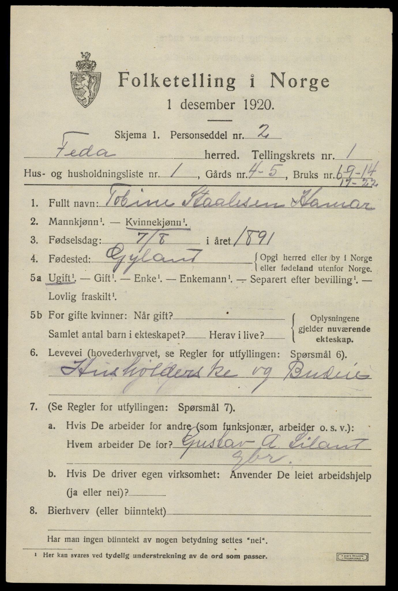SAK, 1920 census for Feda, 1920, p. 465