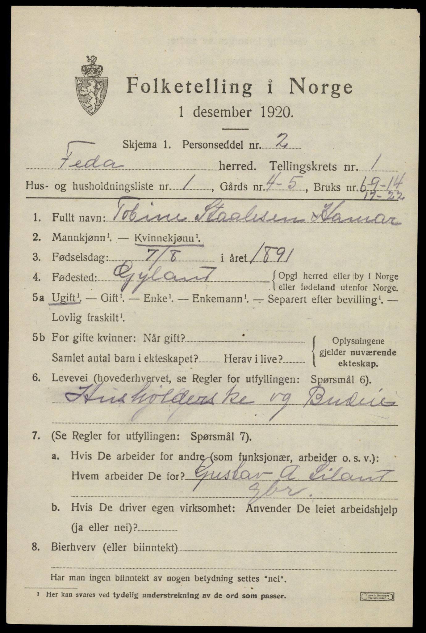 SAK, 1920 census for Feda, 1920, p. 465