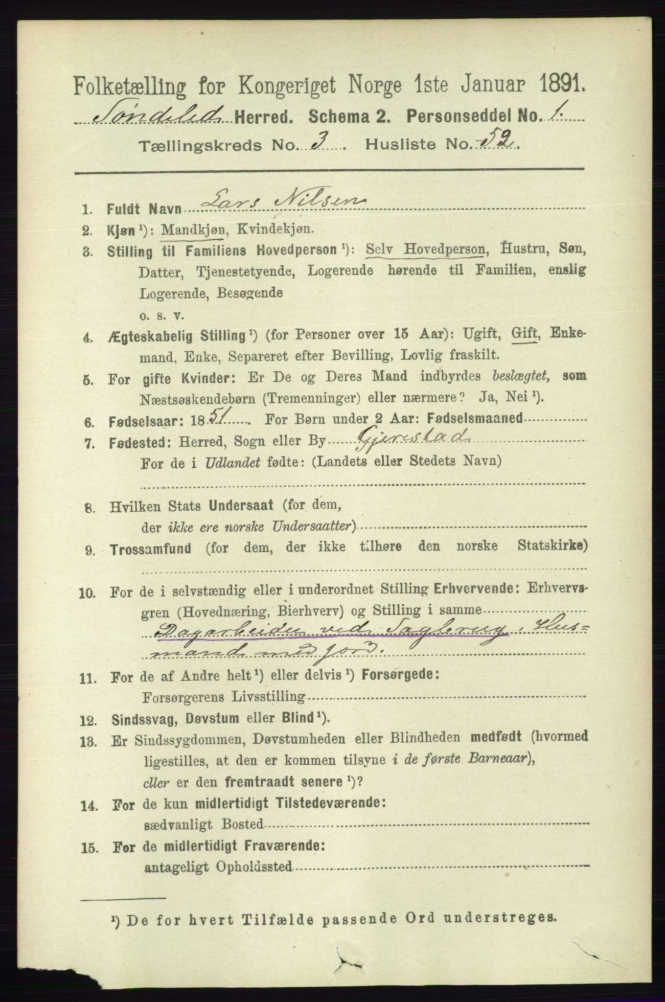 RA, 1891 census for 0913 Søndeled, 1891, p. 864