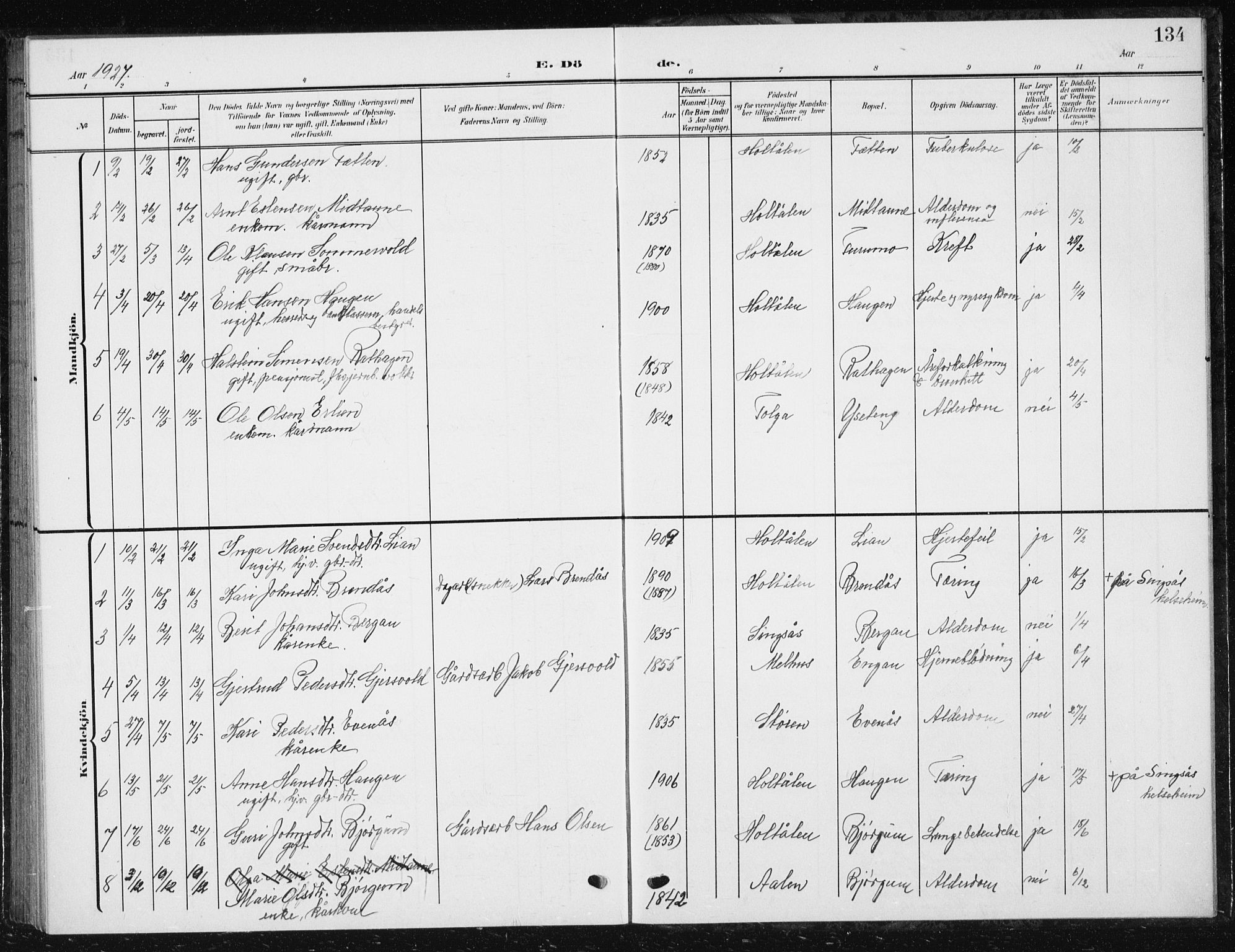 Ministerialprotokoller, klokkerbøker og fødselsregistre - Sør-Trøndelag, SAT/A-1456/685/L0979: Parish register (copy) no. 685C04, 1908-1933, p. 134