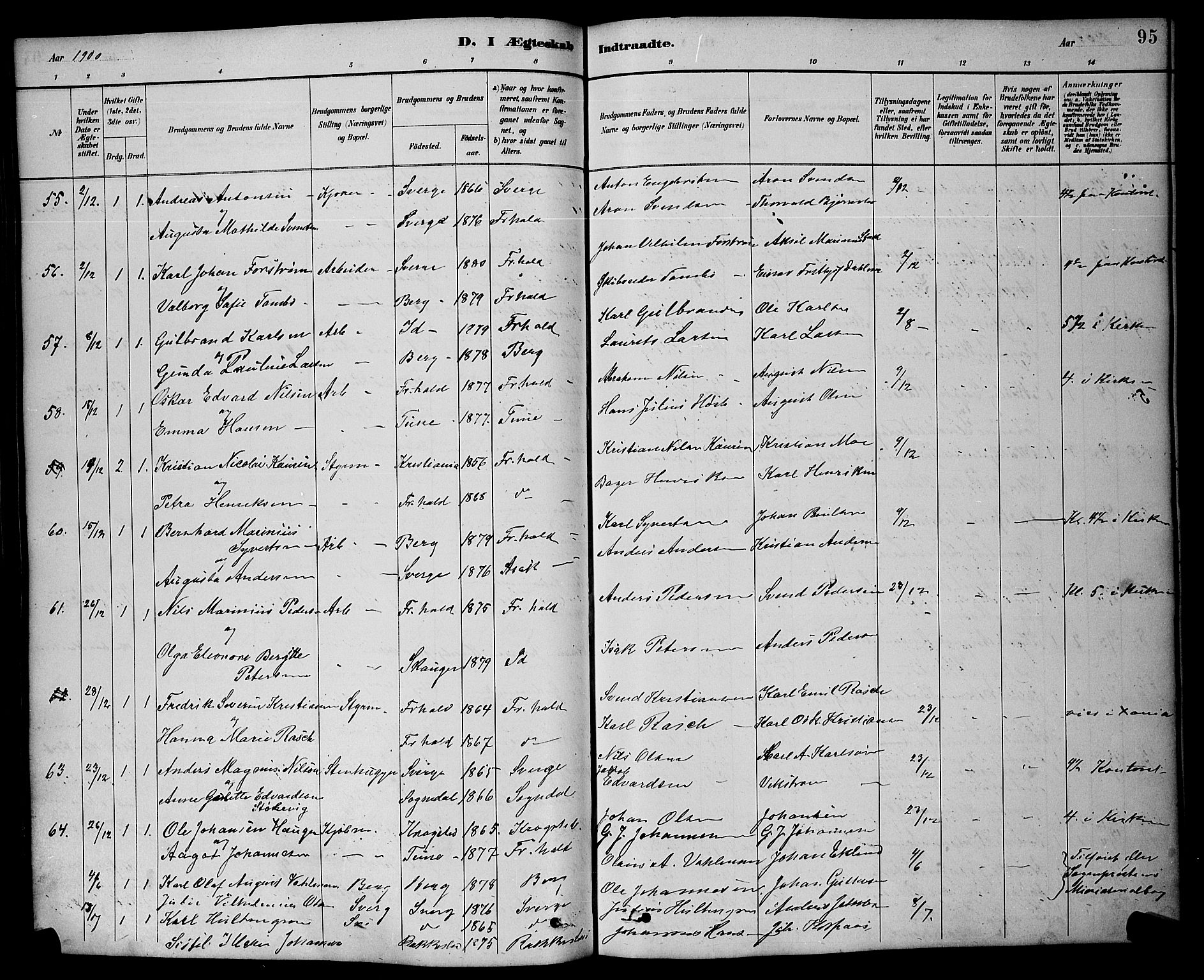 Halden prestekontor Kirkebøker, SAO/A-10909/G/Ga/L0009: Parish register (copy) no. 9, 1885-1908, p. 95
