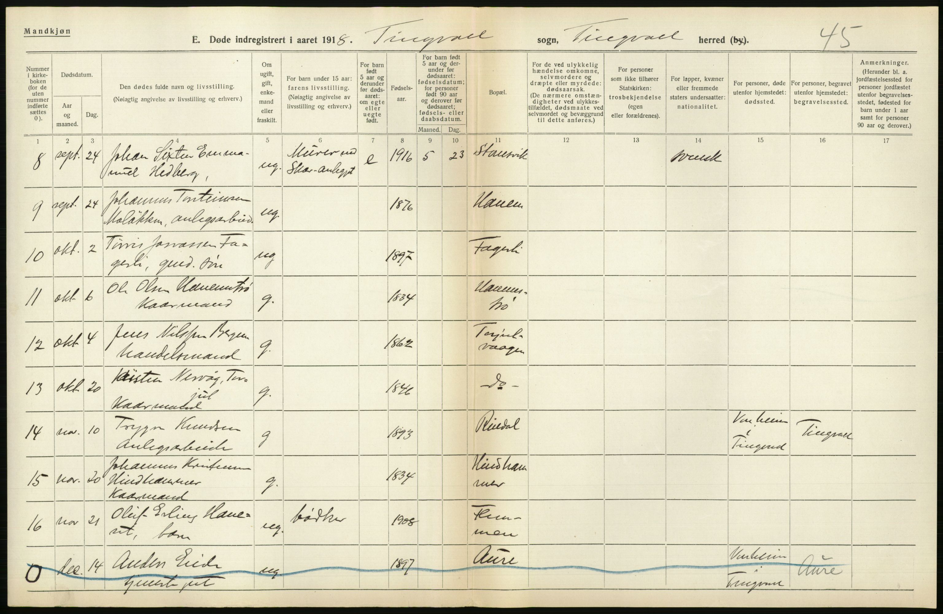 Statistisk sentralbyrå, Sosiodemografiske emner, Befolkning, RA/S-2228/D/Df/Dfb/Dfbh/L0045: Møre fylke: Døde. Bygder og byer., 1918, p. 498