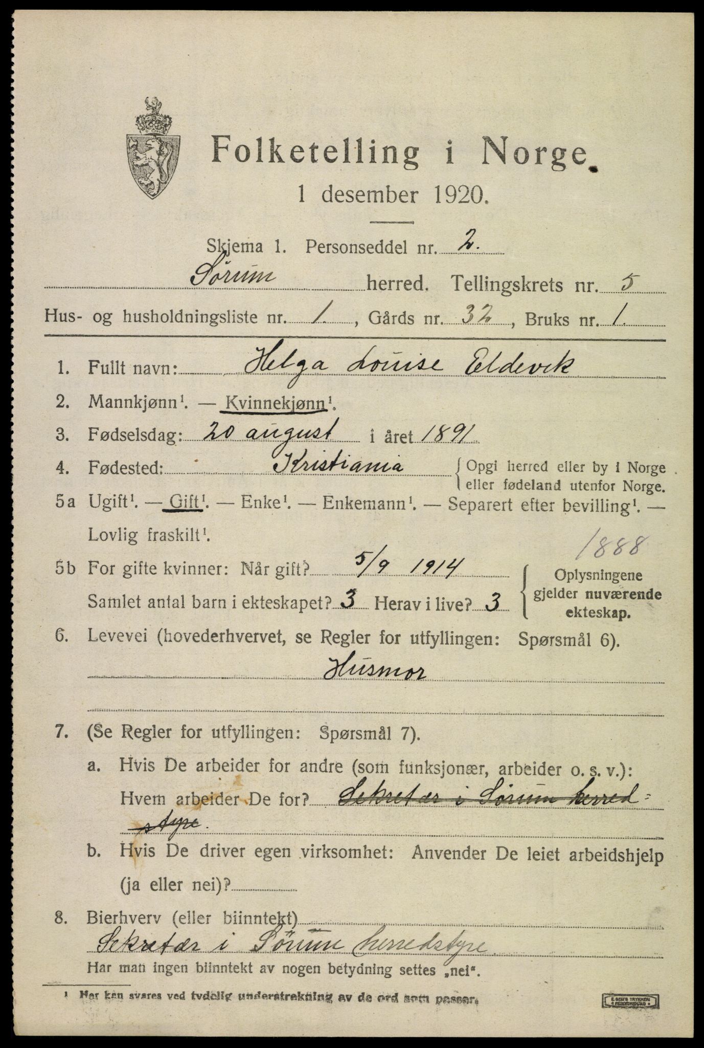 SAO, 1920 census for Sørum, 1920, p. 4589