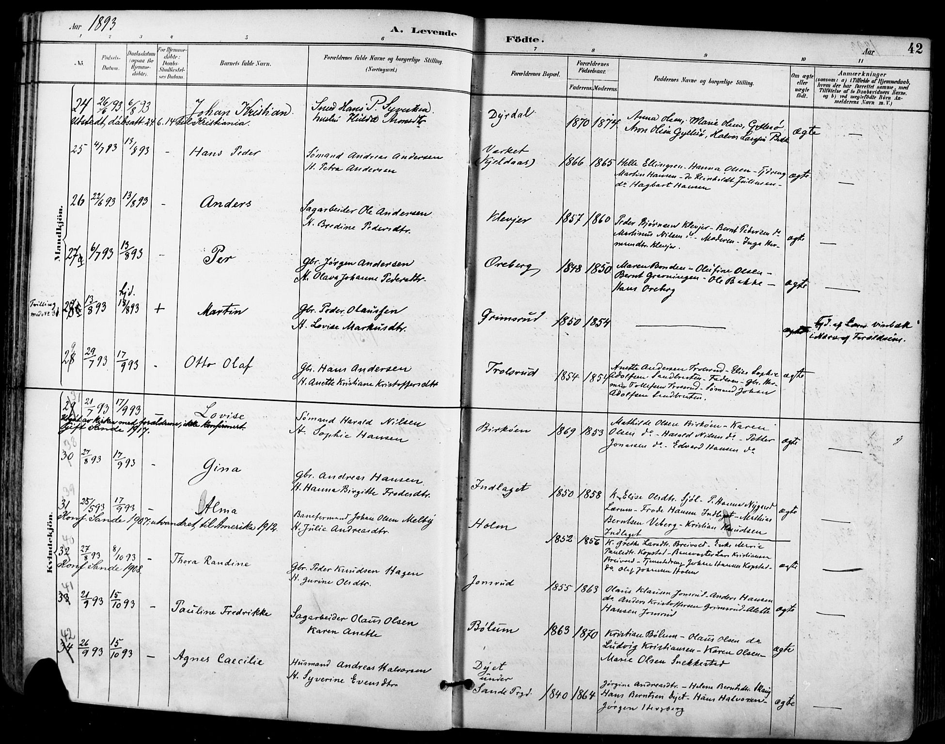 Sande Kirkebøker, AV/SAKO-A-53/F/Fa/L0007: Parish register (official) no. 7, 1888-1903, p. 42