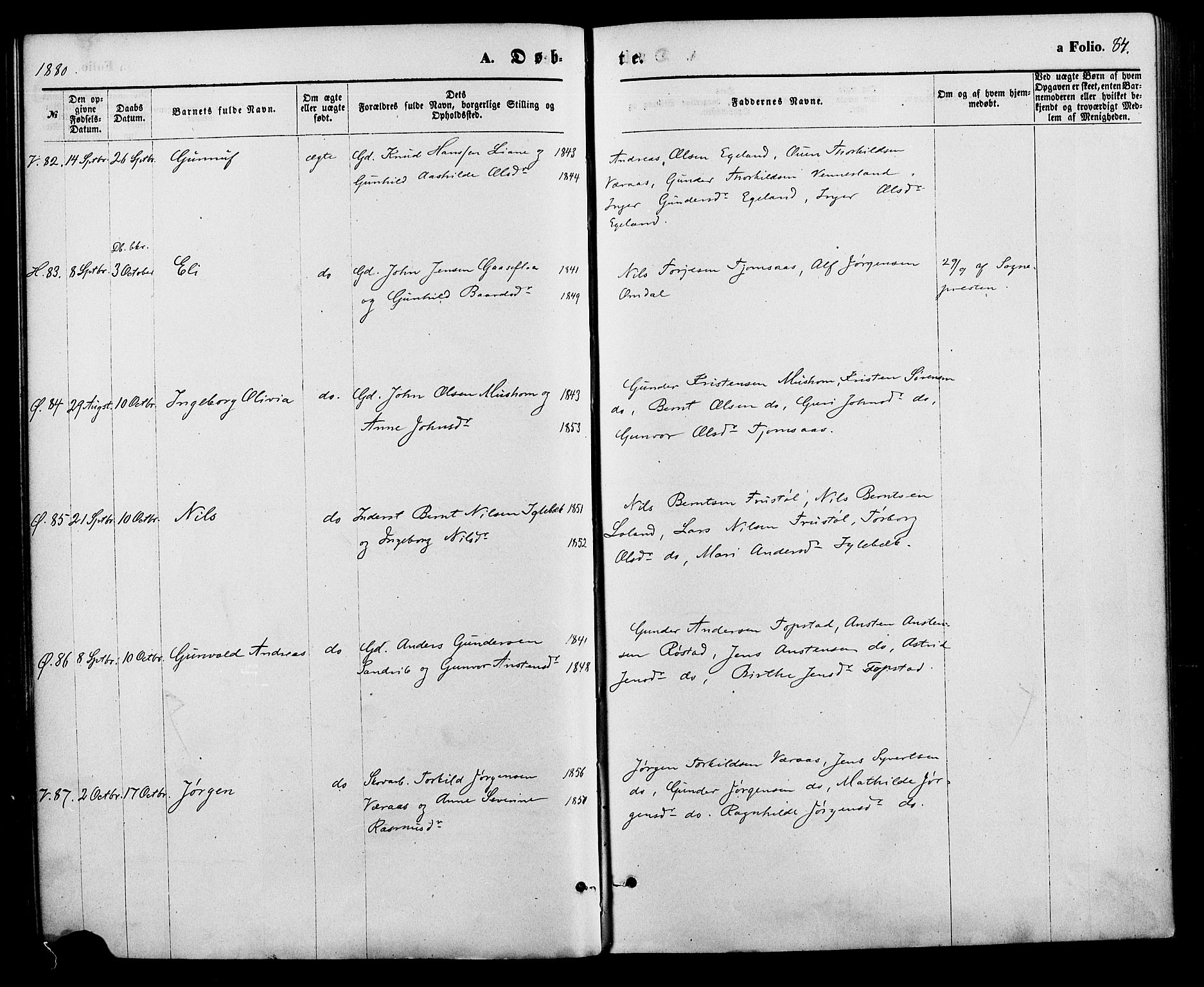 Vennesla sokneprestkontor, AV/SAK-1111-0045/Fa/Fac/L0008: Parish register (official) no. A 8, 1874-1883, p. 84