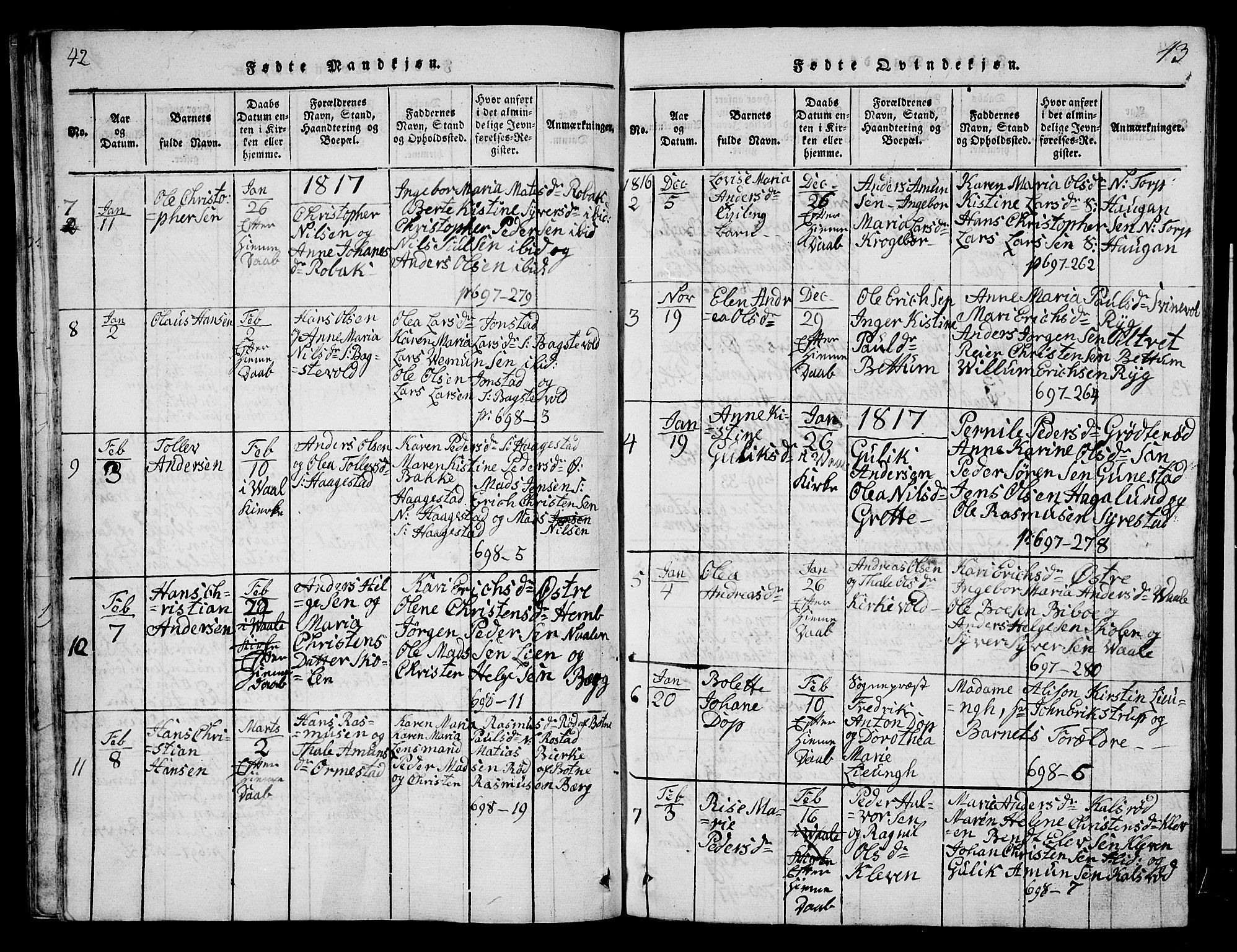 Våle kirkebøker, AV/SAKO-A-334/G/Ga/L0001: Parish register (copy) no. I 1, 1814-1824, p. 42-43