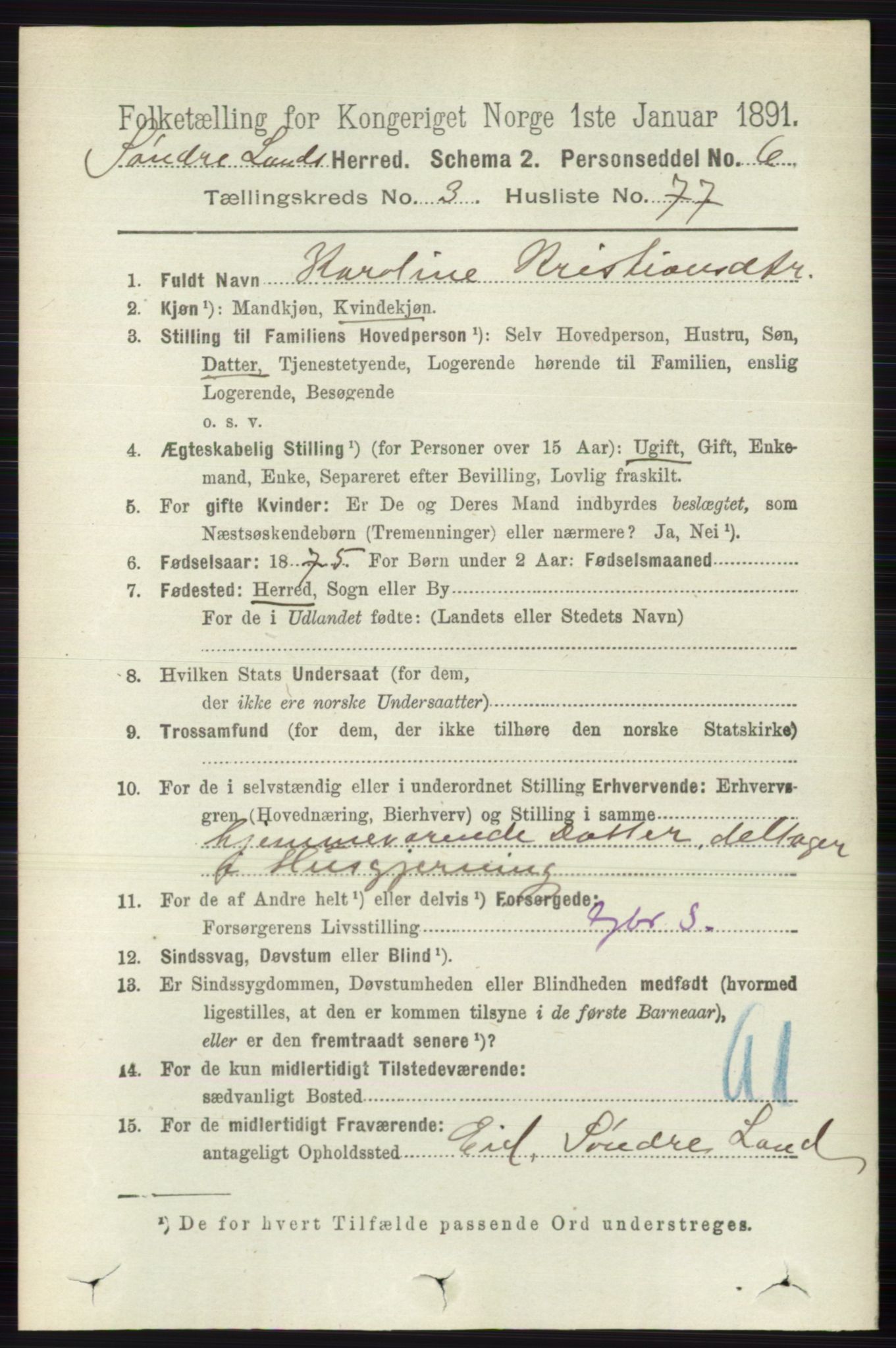 RA, 1891 census for 0536 Søndre Land, 1891, p. 2944