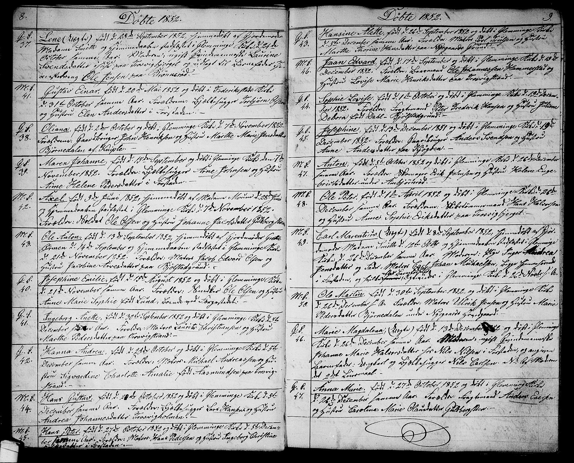Glemmen prestekontor Kirkebøker, AV/SAO-A-10908/G/Ga/L0003: Parish register (copy) no. 3, 1852-1866, p. 8-9