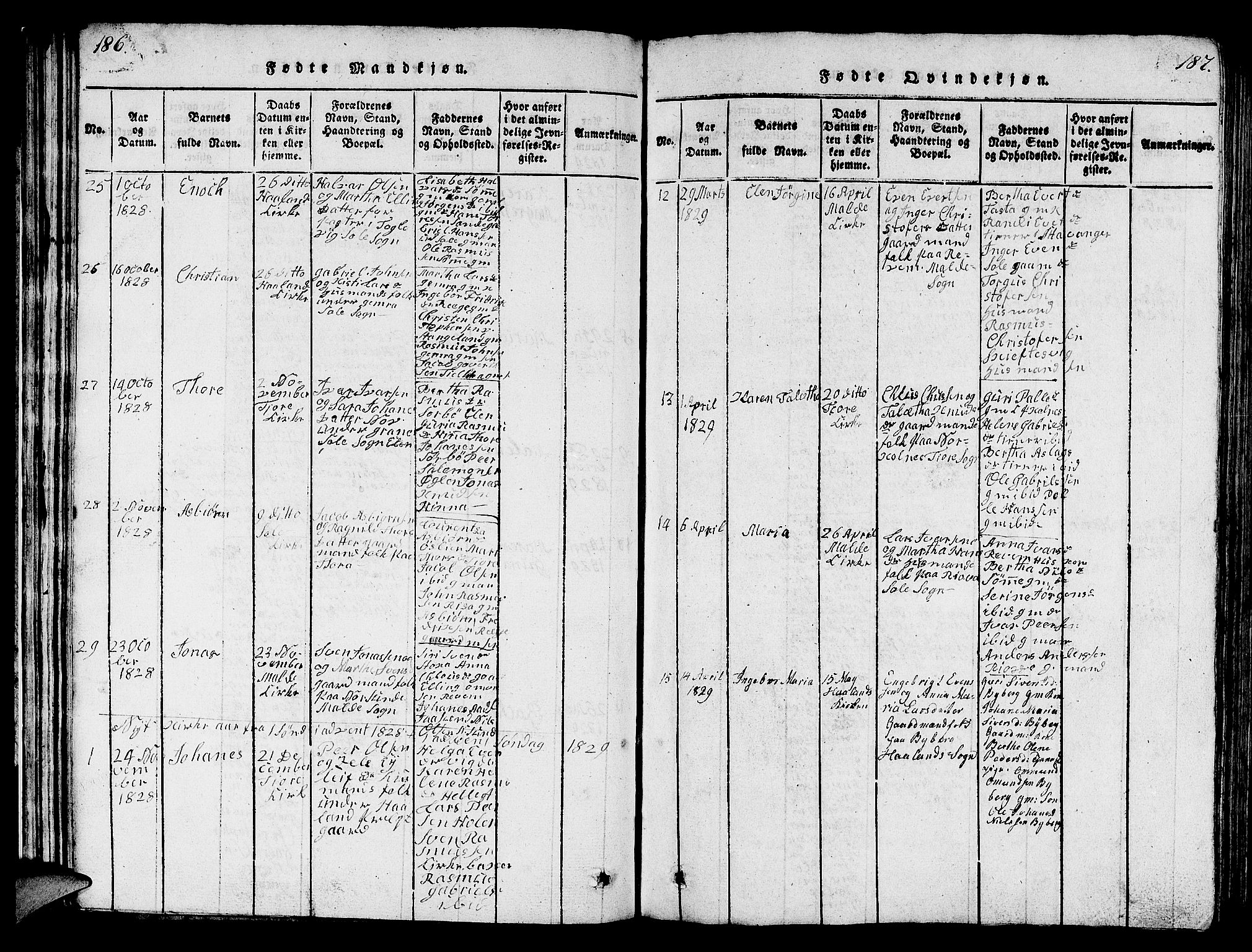 Håland sokneprestkontor, AV/SAST-A-101802/001/30BB/L0001: Parish register (copy) no. B 1, 1815-1845, p. 186-187