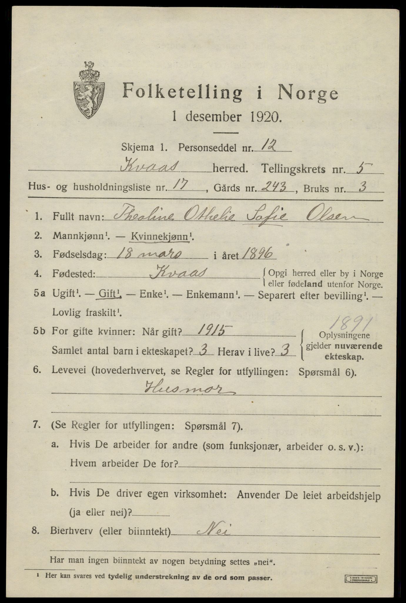 SAK, 1920 census for Kvås, 1920, p. 1494