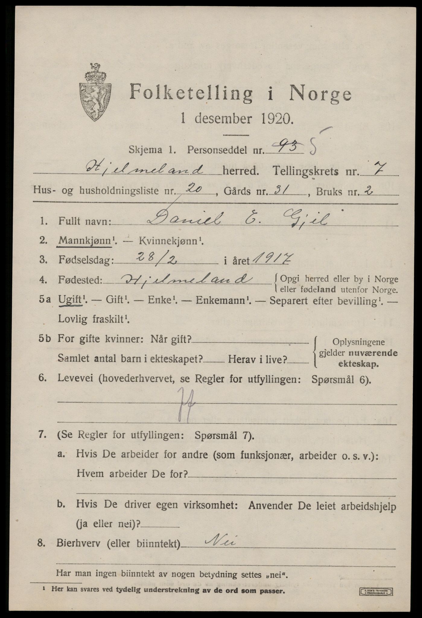 SAST, 1920 census for Hjelmeland, 1920, p. 2443