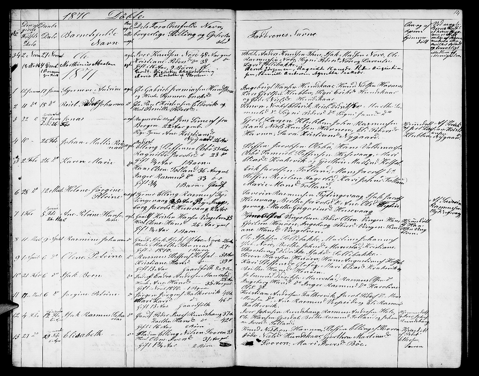 Davik sokneprestembete, SAB/A-79701/H/Hab/Habc/L0001: Parish register (copy) no. C 1, 1866-1888, p. 14