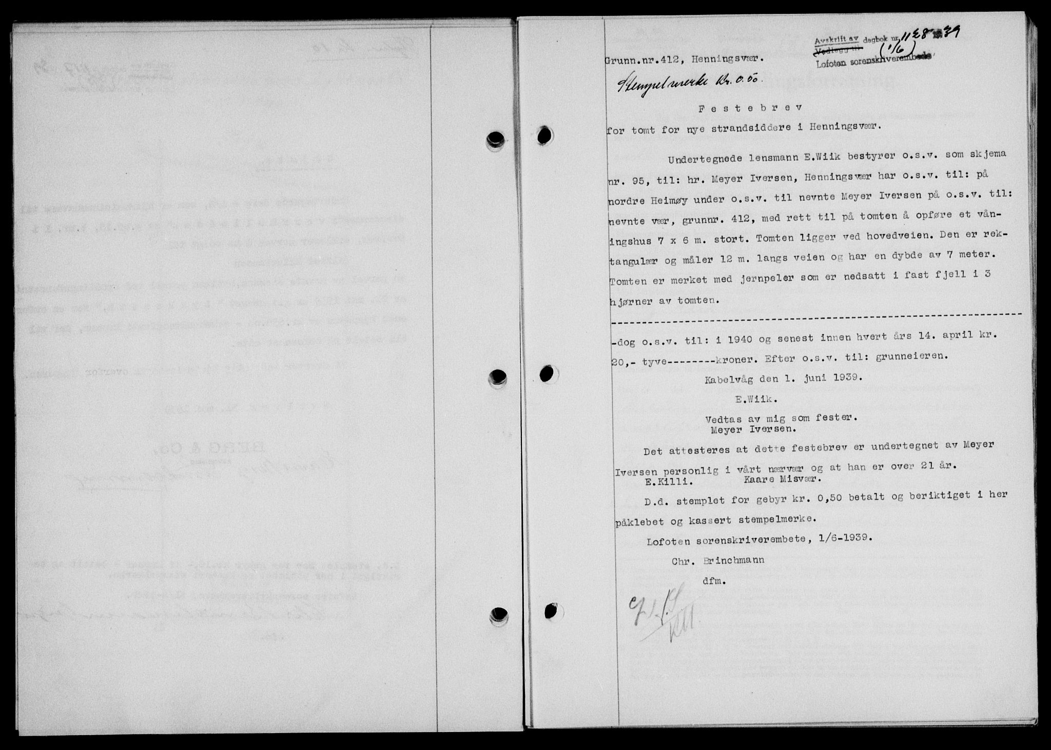 Lofoten sorenskriveri, SAT/A-0017/1/2/2C/L0005a: Mortgage book no. 5a, 1939-1939, Diary no: : 1128/1939