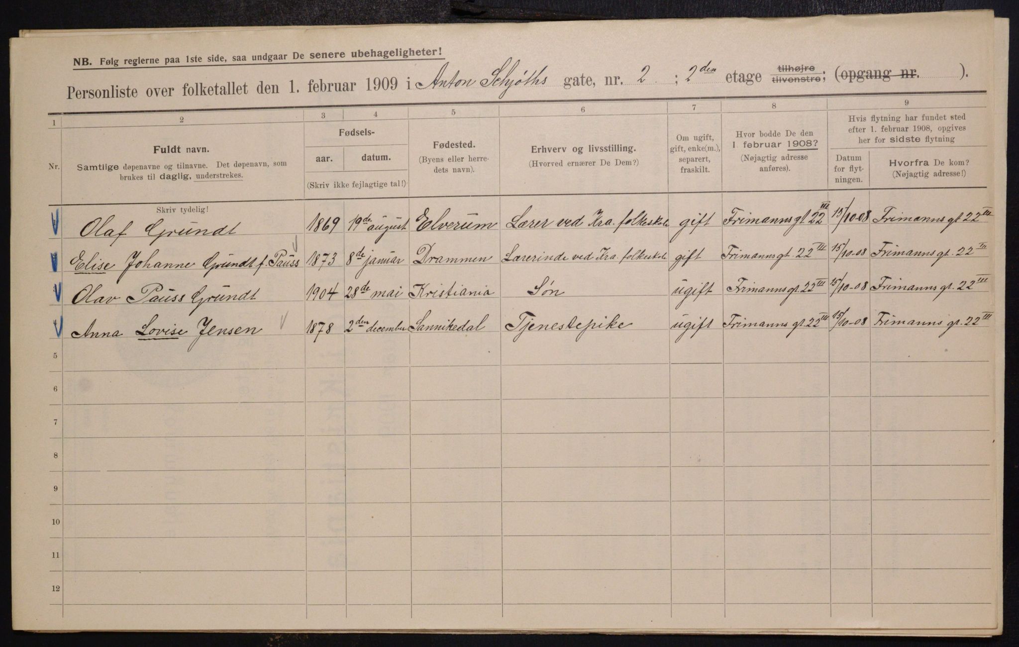 OBA, Municipal Census 1909 for Kristiania, 1909, p. 1305