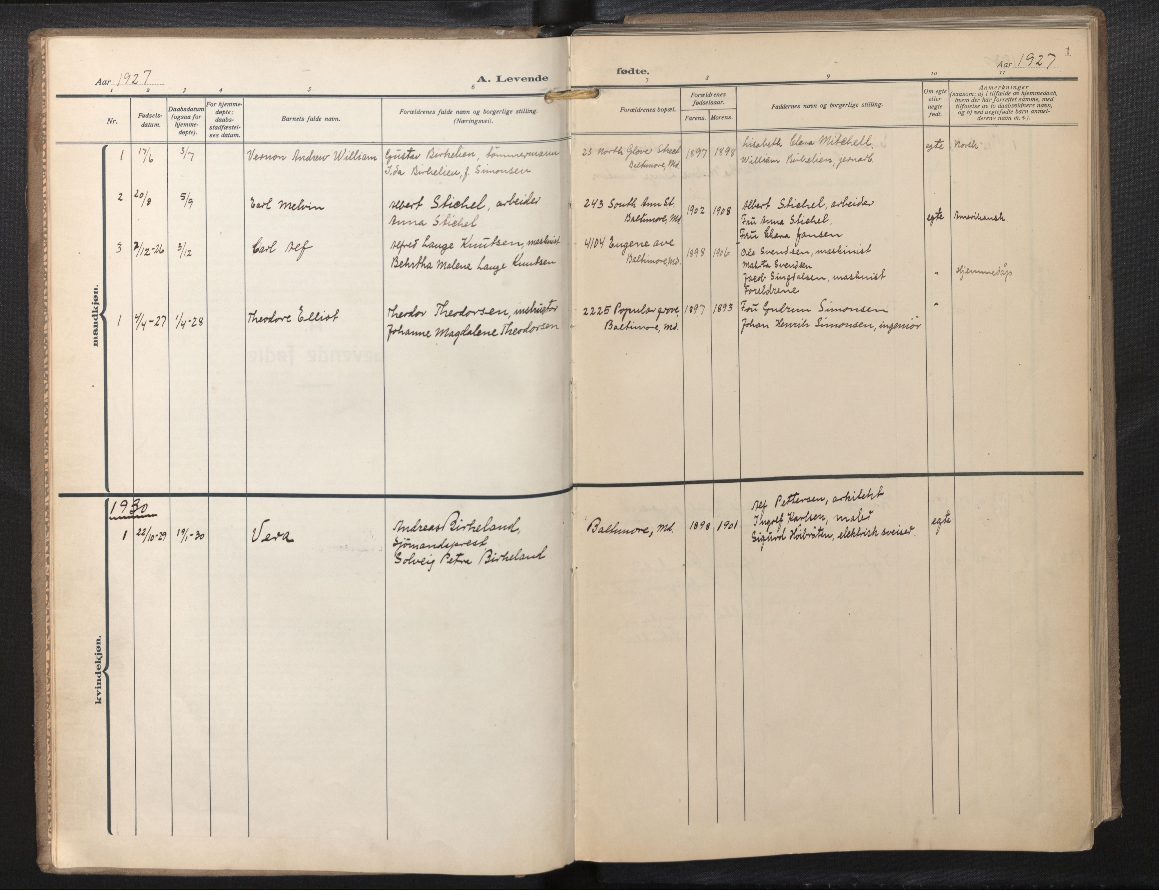 Den norske sjømannsmisjon i utlandet / Baltimore, AV/SAB-SAB/PA-0169/H/Ha/L0001: Parish register (official) no. A 1, 1927-1975, p. 1a