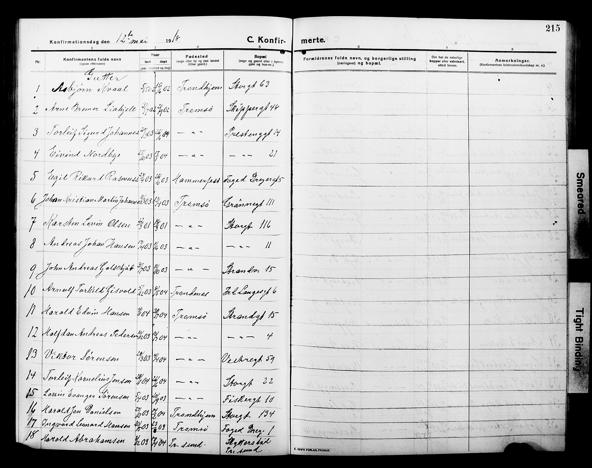 Tromsø sokneprestkontor/stiftsprosti/domprosti, AV/SATØ-S-1343/G/Gb/L0009klokker: Parish register (copy) no. 9, 1915-1925, p. 215