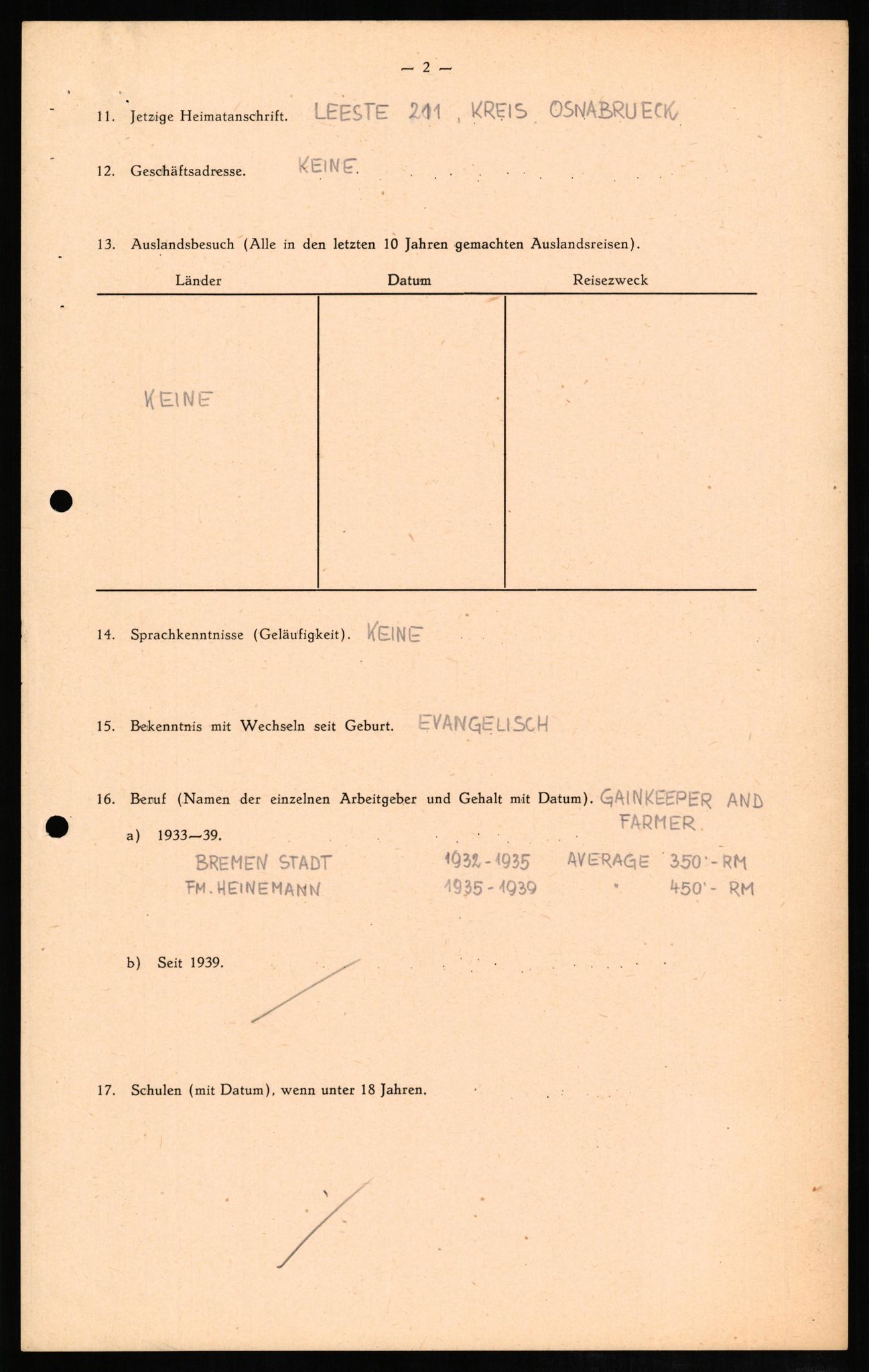 Forsvaret, Forsvarets overkommando II, RA/RAFA-3915/D/Db/L0010: CI Questionaires. Tyske okkupasjonsstyrker i Norge. Tyskere., 1945-1946, p. 106