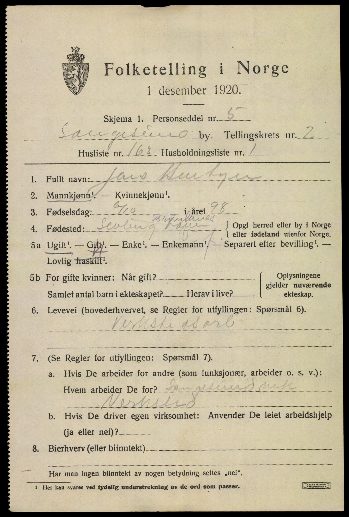 SAKO, 1920 census for Langesund, 1920, p. 5537