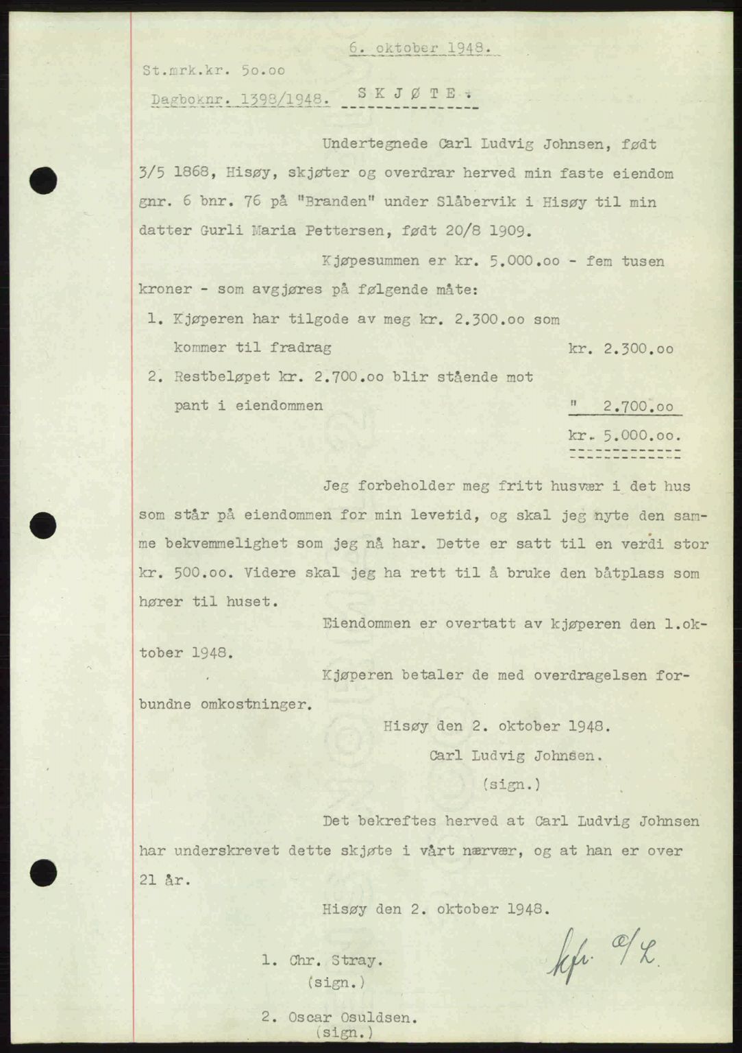 Nedenes sorenskriveri, SAK/1221-0006/G/Gb/Gba/L0059: Mortgage book no. A11, 1948-1948, Diary no: : 1398/1948