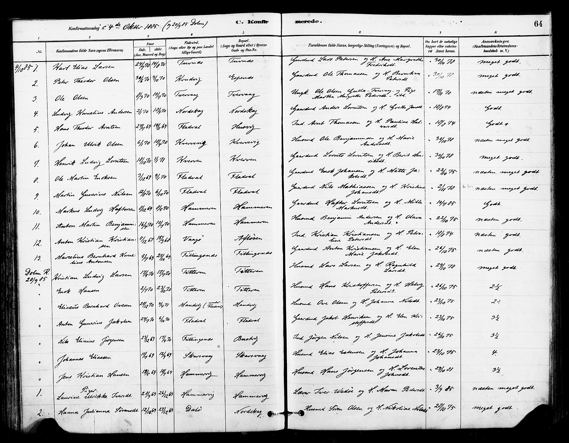 Ministerialprotokoller, klokkerbøker og fødselsregistre - Sør-Trøndelag, AV/SAT-A-1456/641/L0595: Parish register (official) no. 641A01, 1882-1897, p. 64