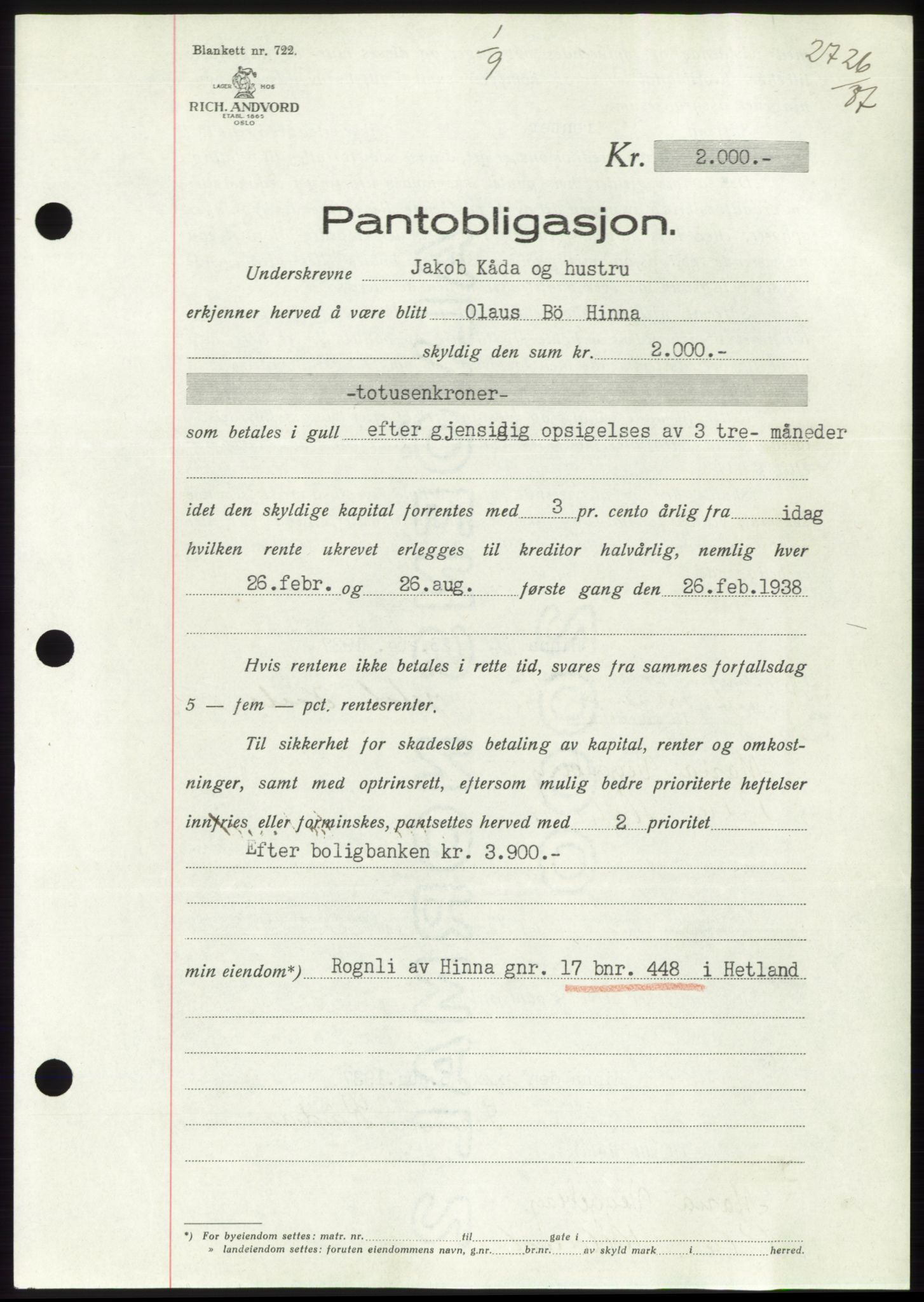 Jæren sorenskriveri, SAST/A-100310/03/G/Gba/L0069: Mortgage book, 1937-1937, Diary no: : 2726/1937