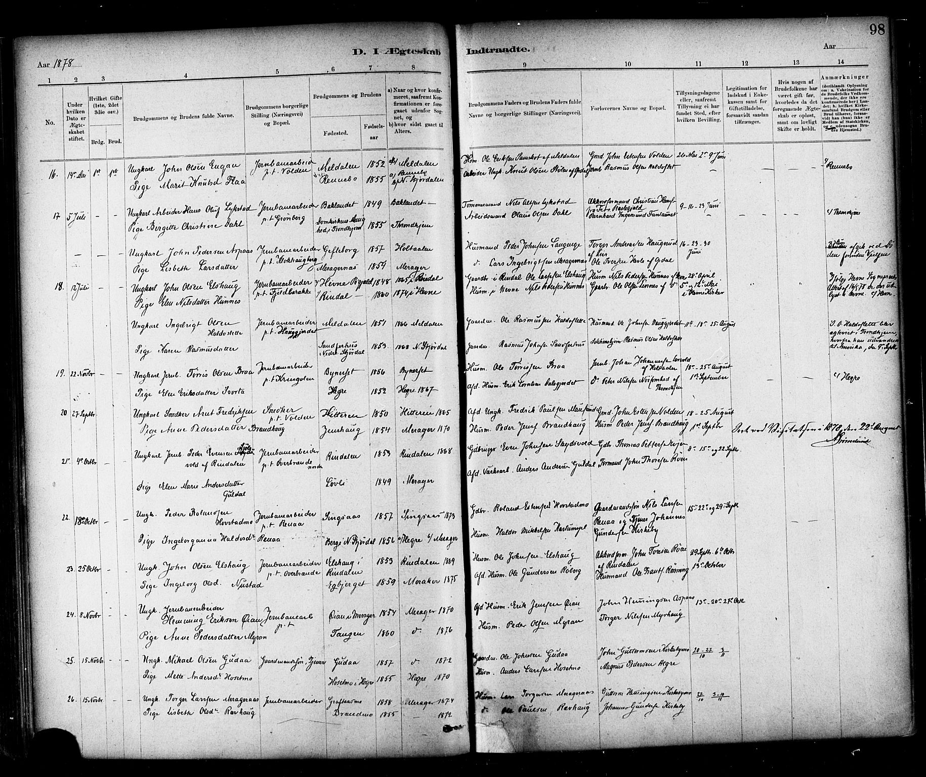 Ministerialprotokoller, klokkerbøker og fødselsregistre - Nord-Trøndelag, SAT/A-1458/706/L0047: Parish register (official) no. 706A03, 1878-1892, p. 98