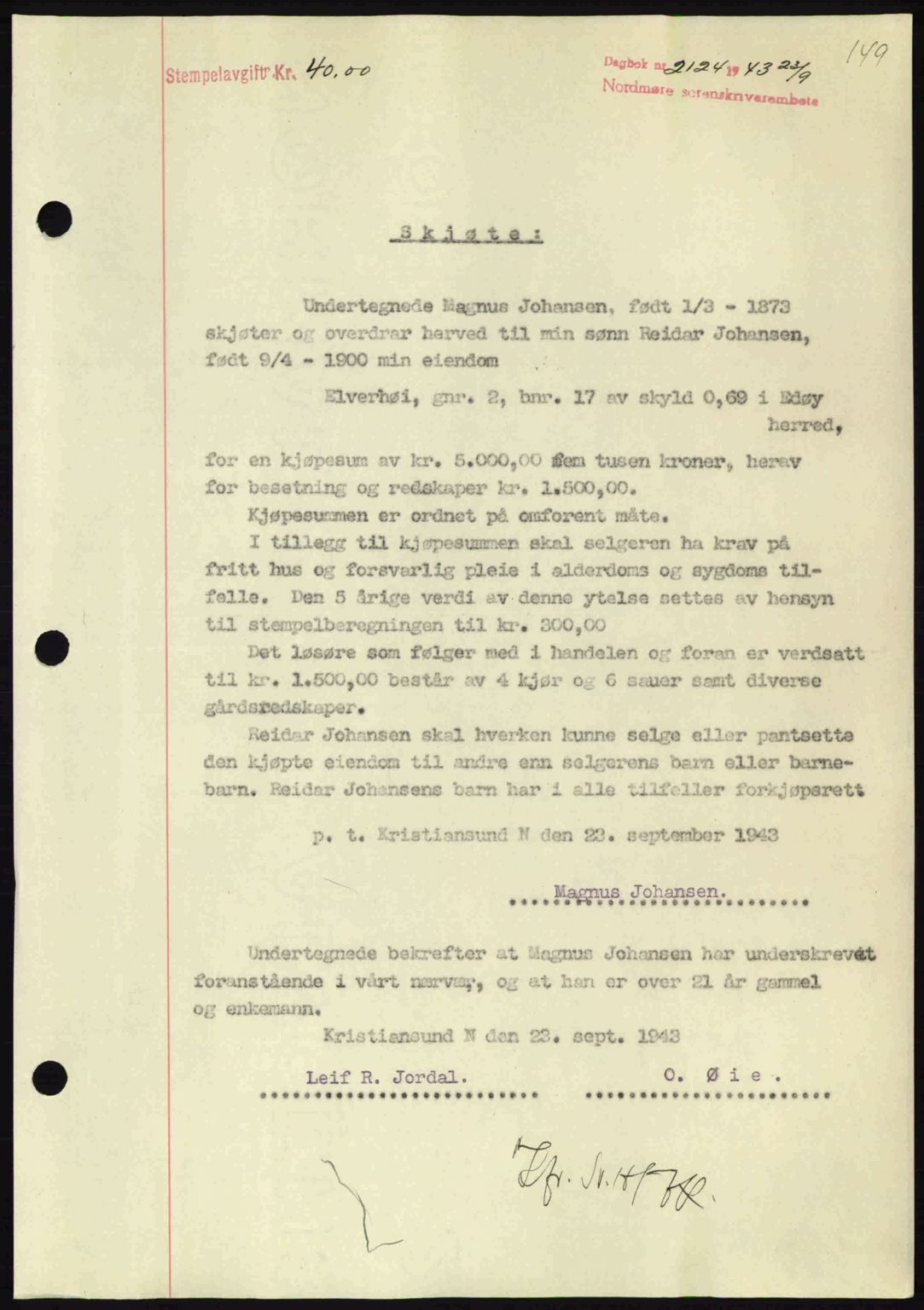 Nordmøre sorenskriveri, SAT/A-4132/1/2/2Ca: Mortgage book no. A96, 1943-1944, Diary no: : 2124/1943