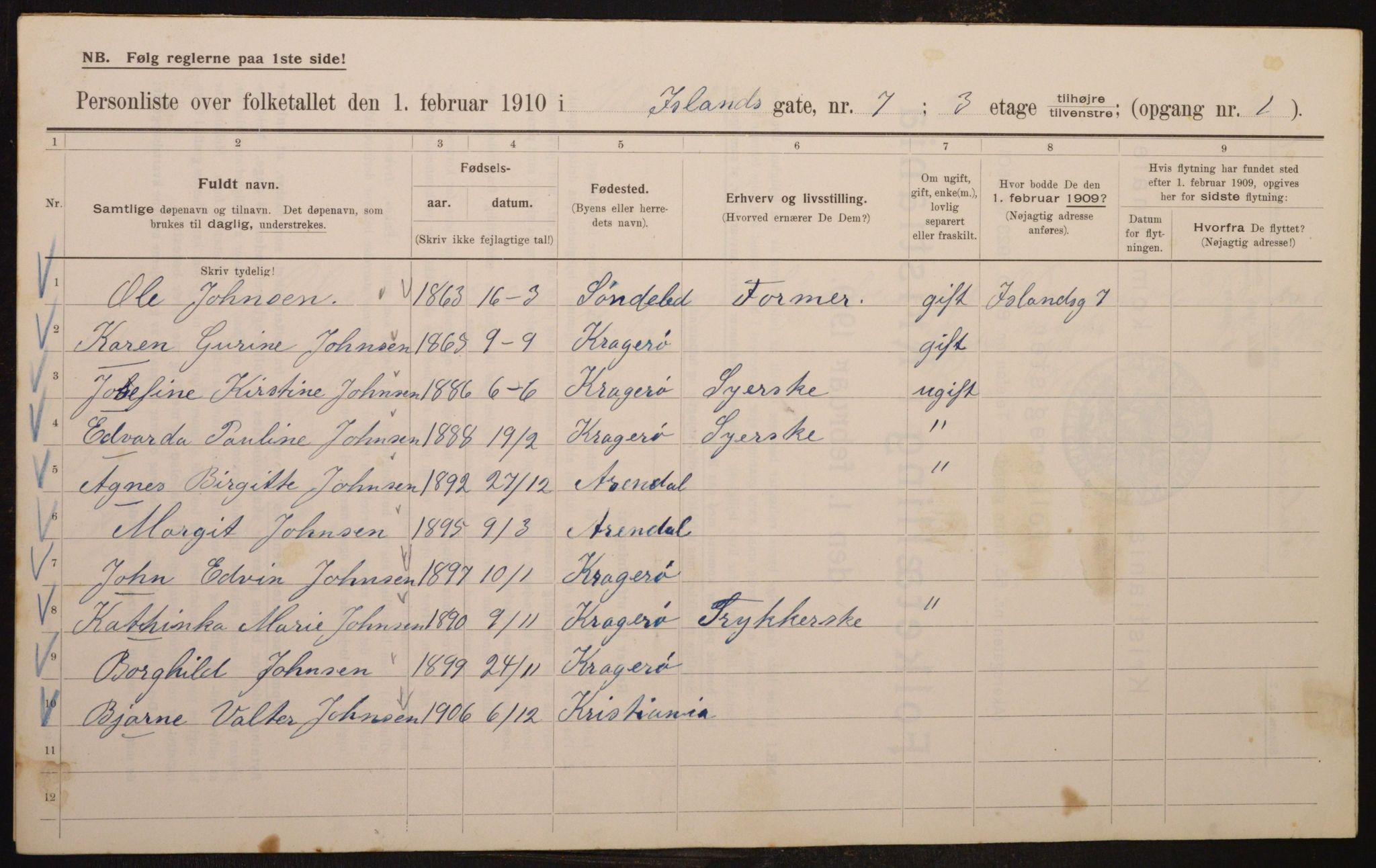 OBA, Municipal Census 1910 for Kristiania, 1910, p. 43457