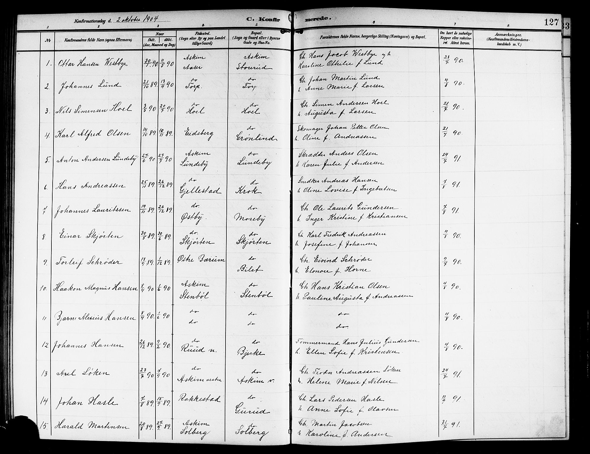 Askim prestekontor Kirkebøker, AV/SAO-A-10900/G/Ga/L0002: Parish register (copy) no. 2, 1903-1921, p. 127