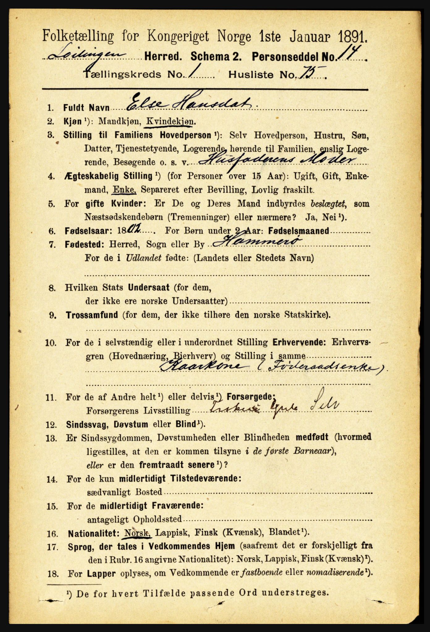 RA, 1891 census for 1851 Lødingen, 1891, p. 630