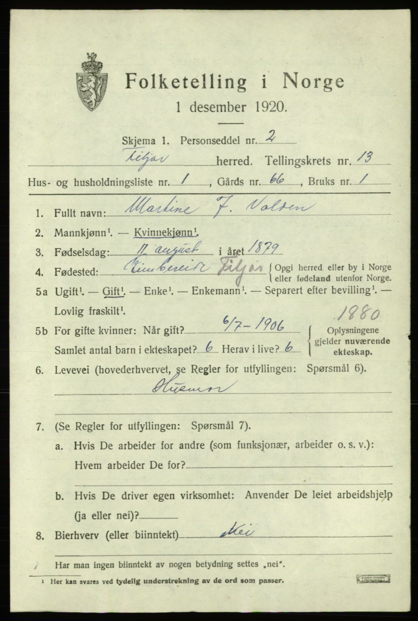 SAB, 1920 census for Fitjar, 1920, p. 5076